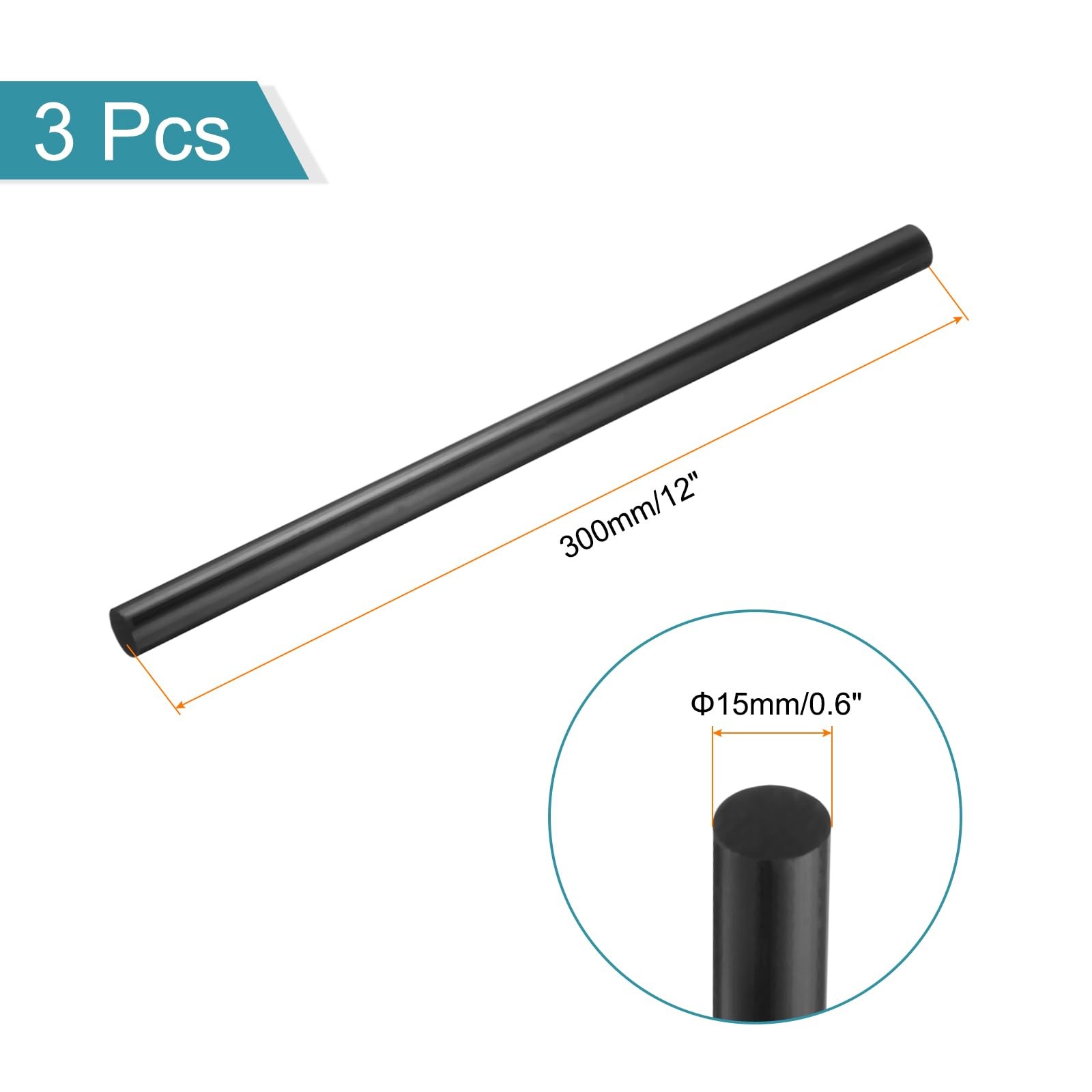 3 Pack Black ABS Plastic Rods, 0.6 Diameter, 12 Length, Round Solid, DIY Model
