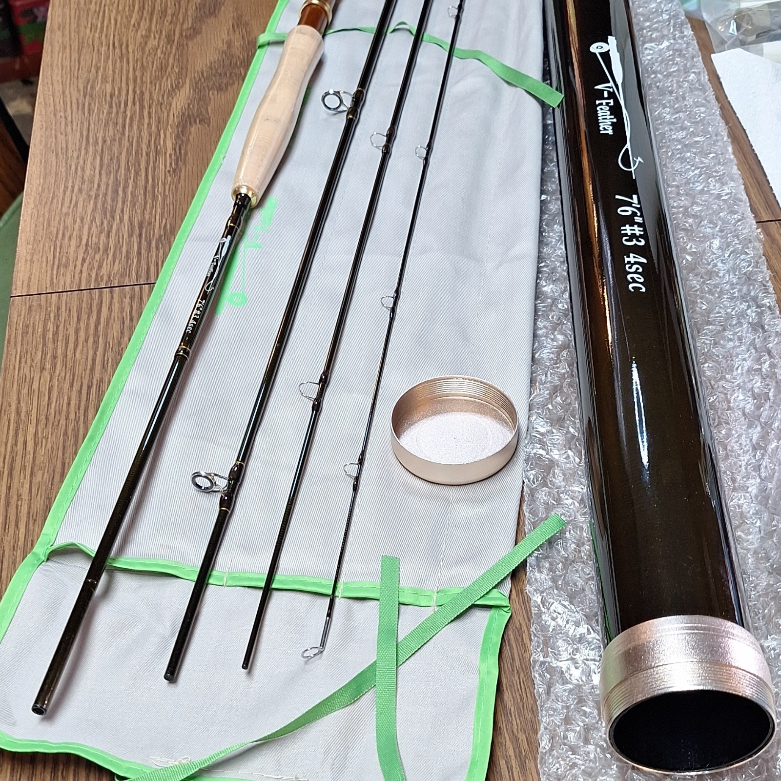 V-Feather Premium 7 ft 6 in 3 wt 4 Piece Fly Rod Full Cork Portable Tube Sock