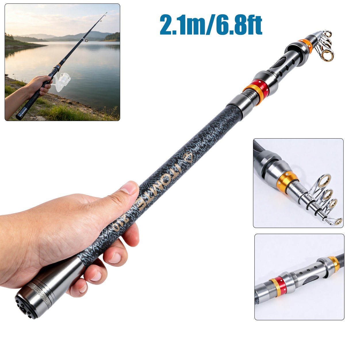 6.8FT Carbon Fiber Telescopic Fishing Rod Pole Sea Saltwater Freshwater Black
