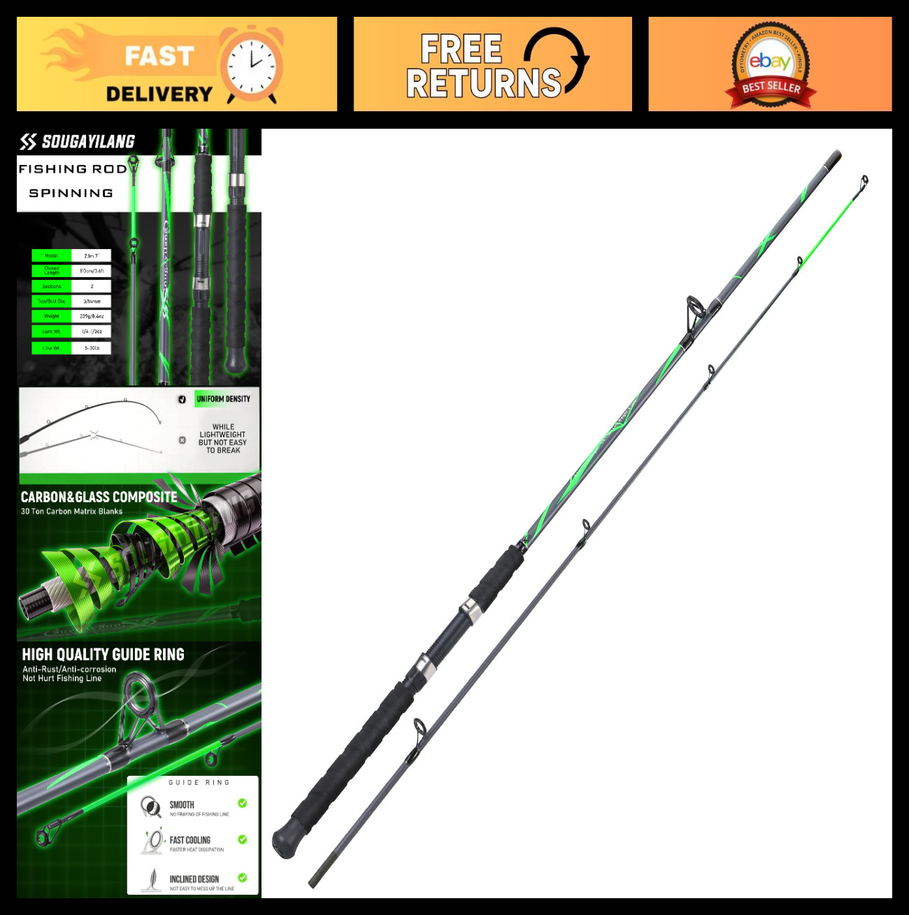 7’0″ Strong Carbon & Glass Composite Spinning Rod – Durable Fishing Pole for Cat