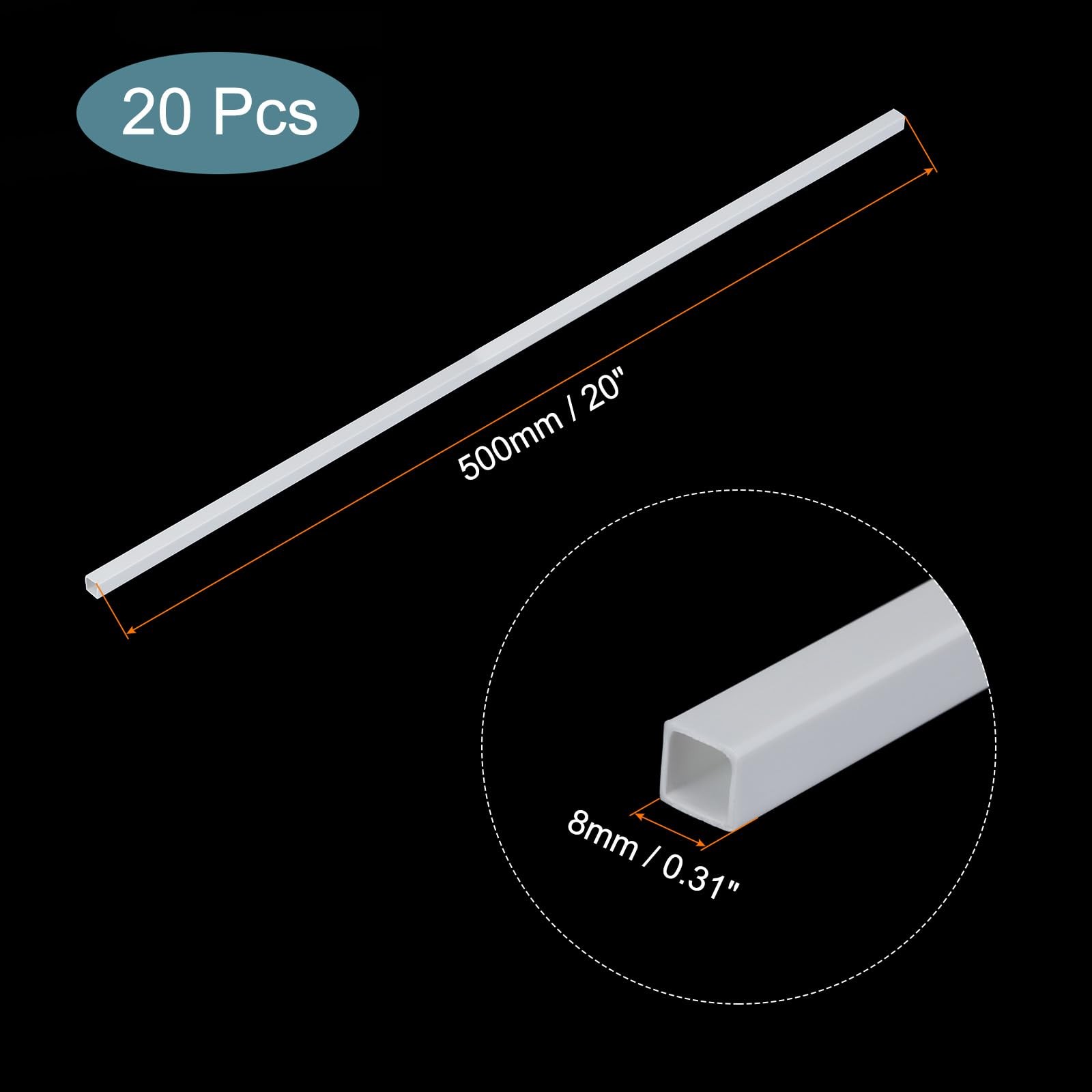 20 PCS 20 Inch Plastic Model Tube ABS Solid Square Bar 0.31×0.31 Inch White
