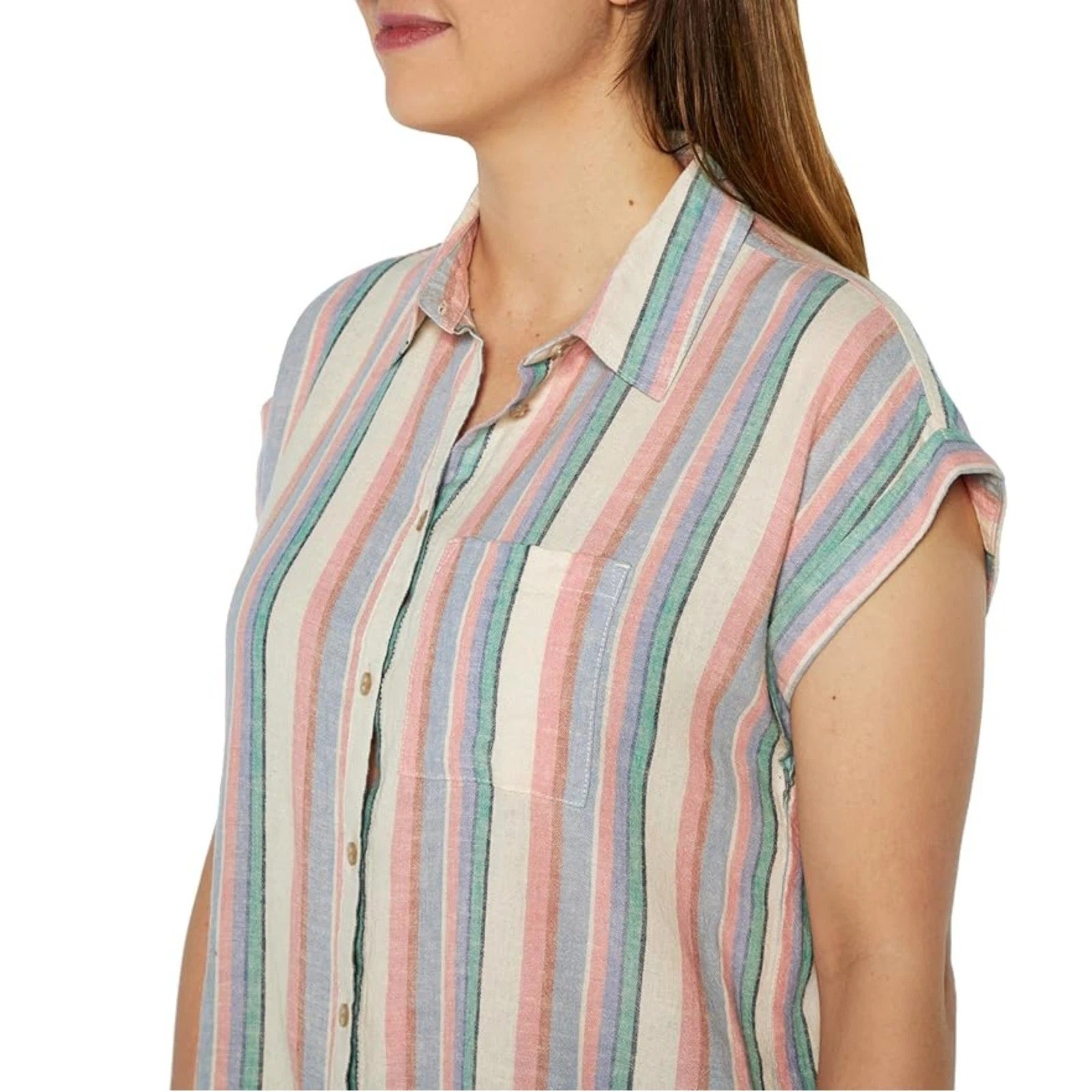 NWOT Orvis Women’s XL Button-Up Shirt Striped Linen Blend Short Sleeve i1992