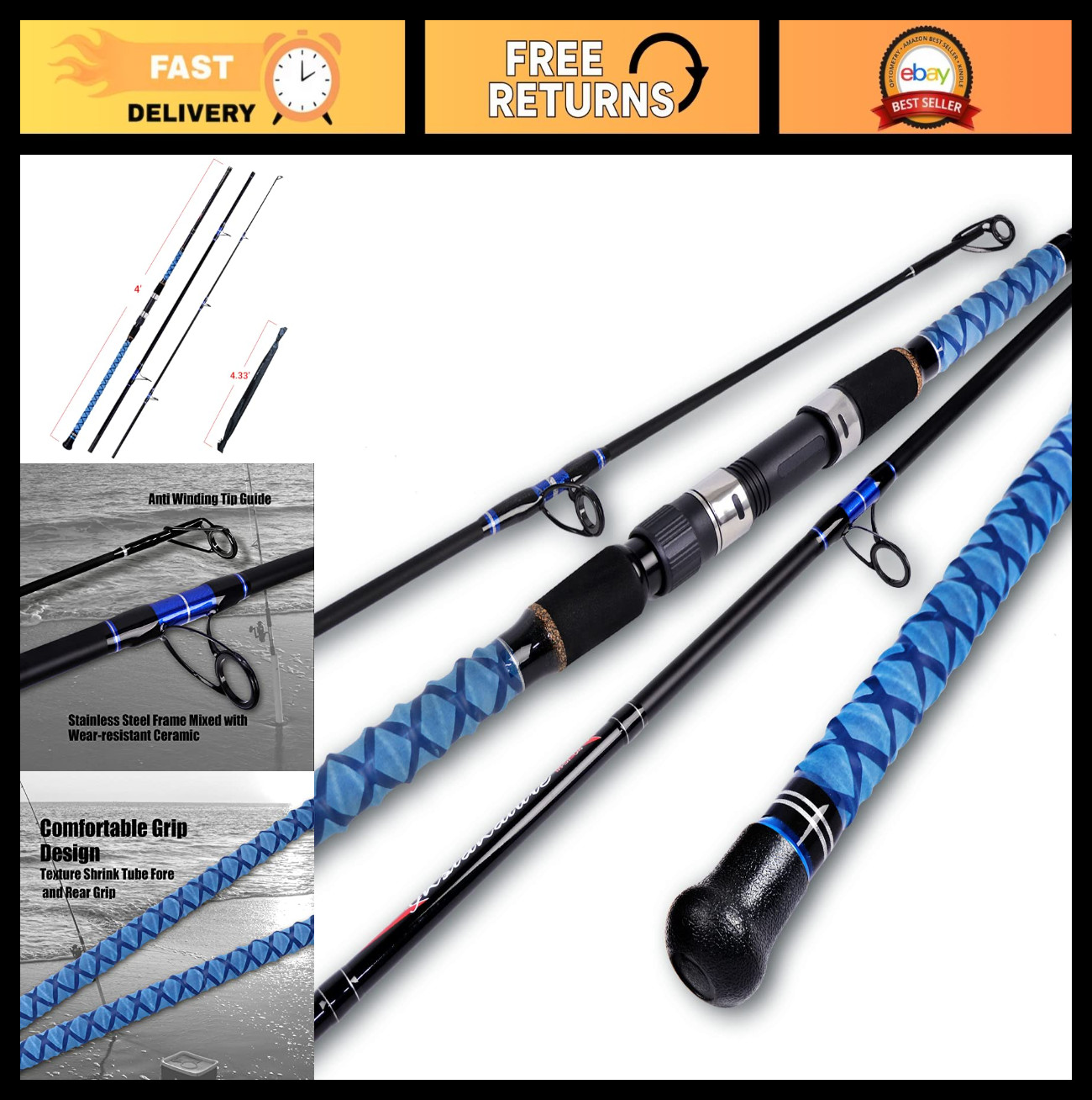 Carbon Fiber Travel Surf Spinning Fishing Rod – 2/3/4 Piece, 9′-15′ Lengths