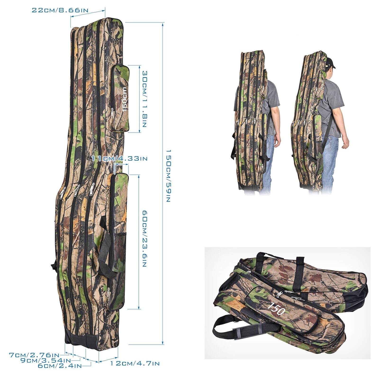 Srempeom 3-Layer Fishing Rod Bag, Oxford Folding Carry Case, Reel Tackle Storage