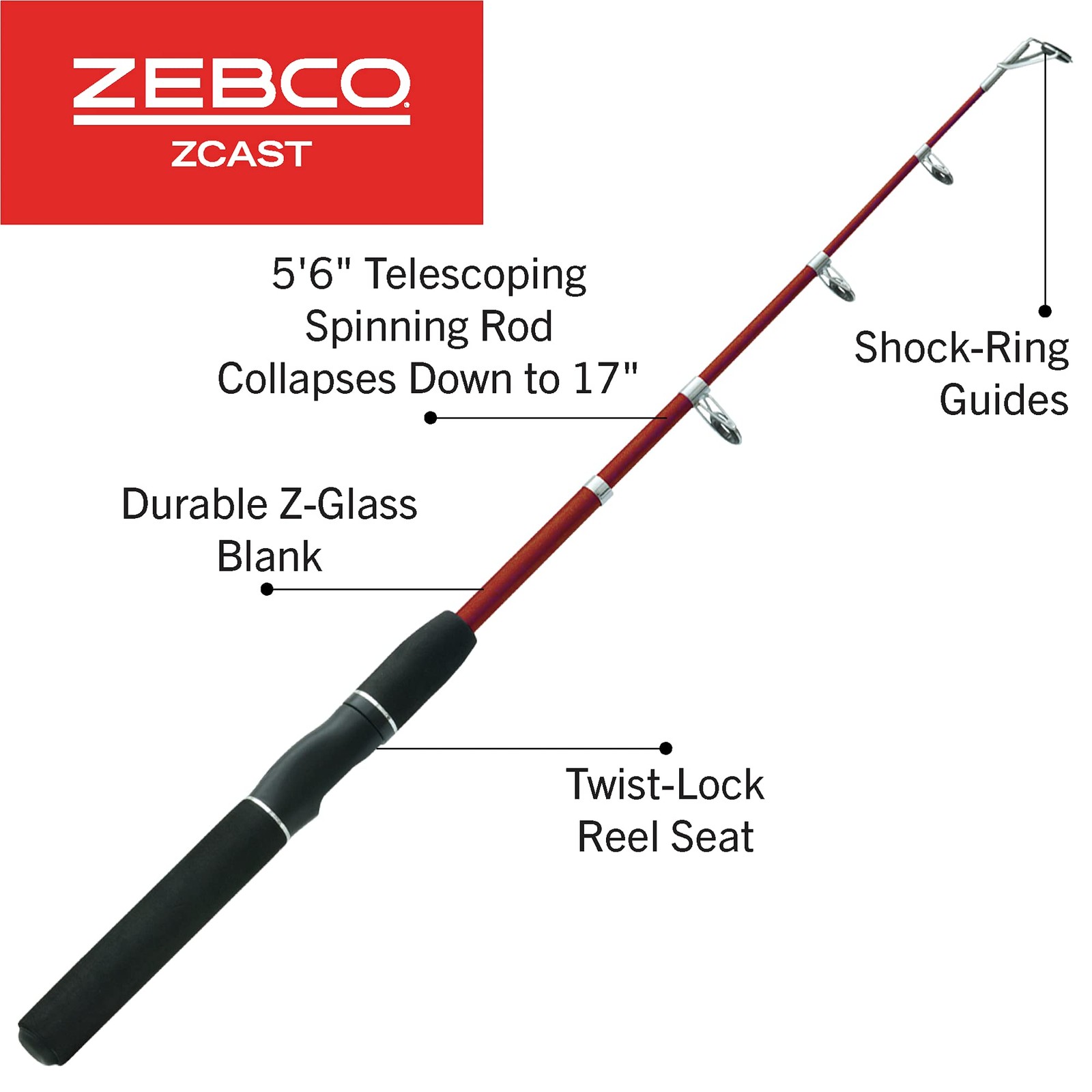 Zebco Z-Cast Spinning Fishing Rod Extendable 17-Inches To 5-Foot 6-Inch