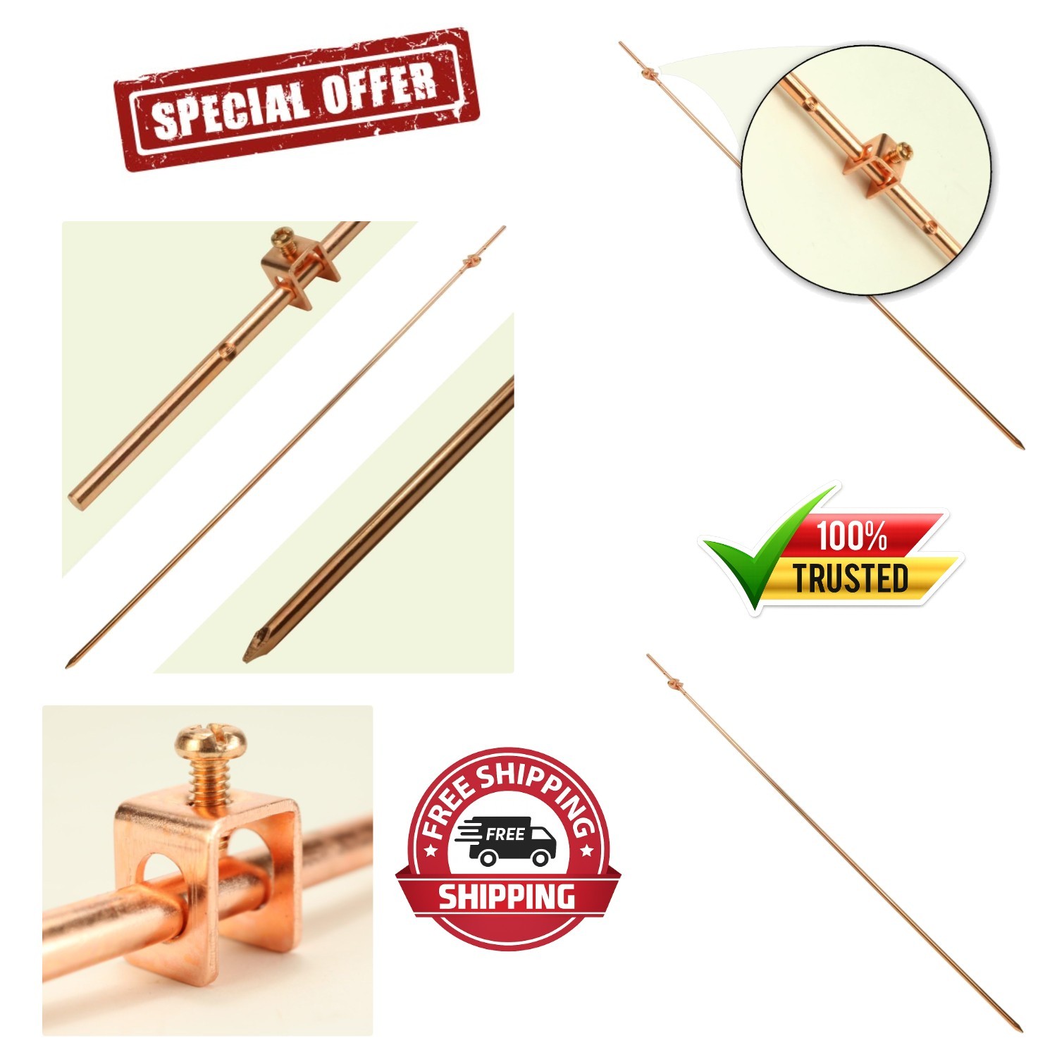 4ft Copper Ground Rod | Quick Installation Wire Clamp – Outdoor Use