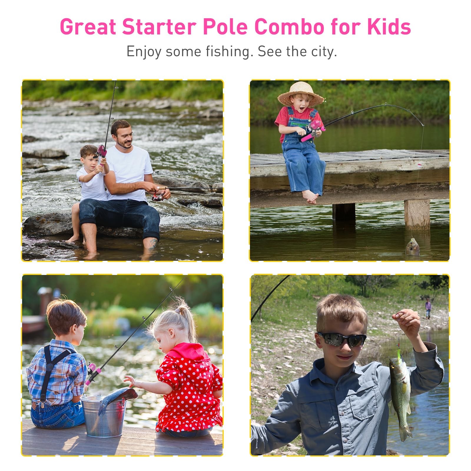 Kids Fishing Pole Kit, 59” Telescopic Rod and Reel Beginner Combo with Pink