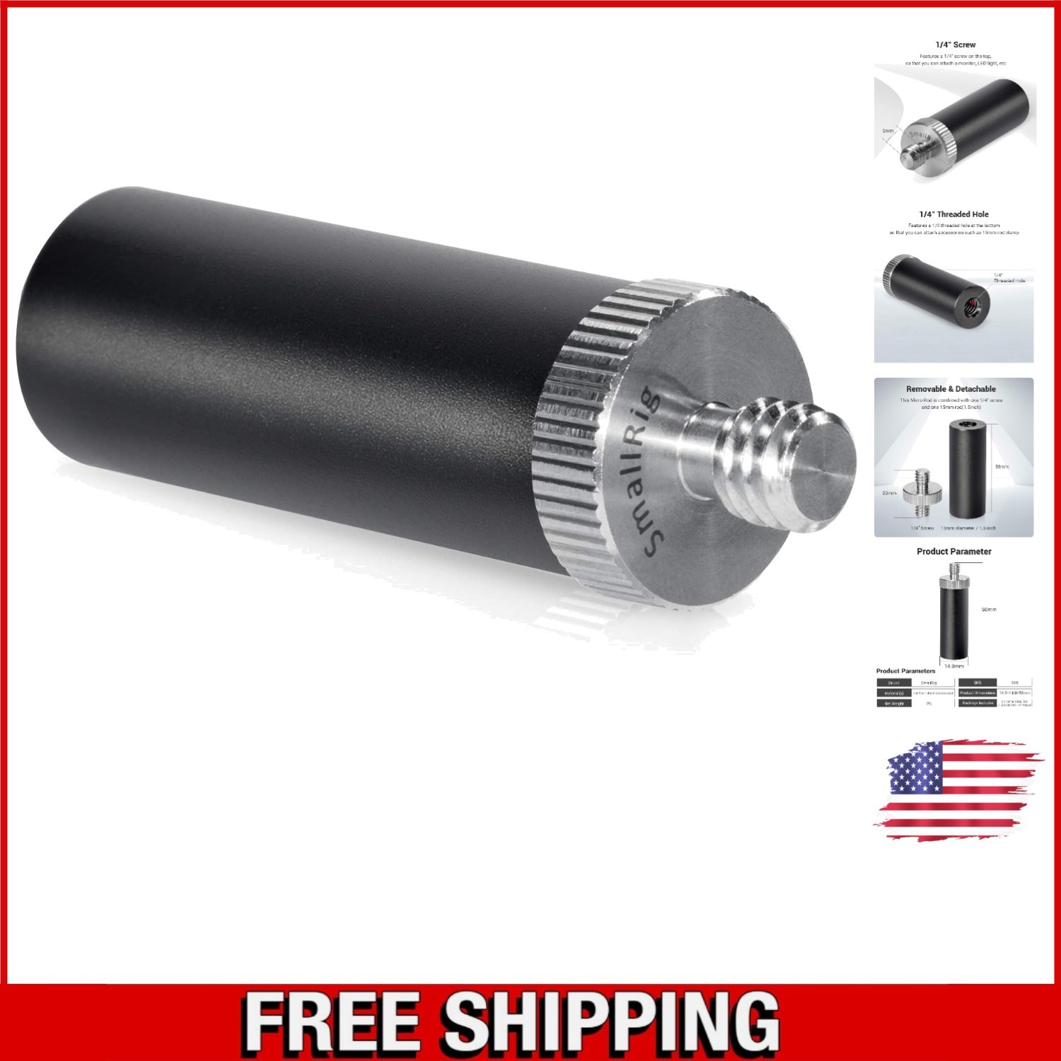 Compact 15mm Micro Rod 1.5 Inches with 1/4” Male & Female Threads for Cameras