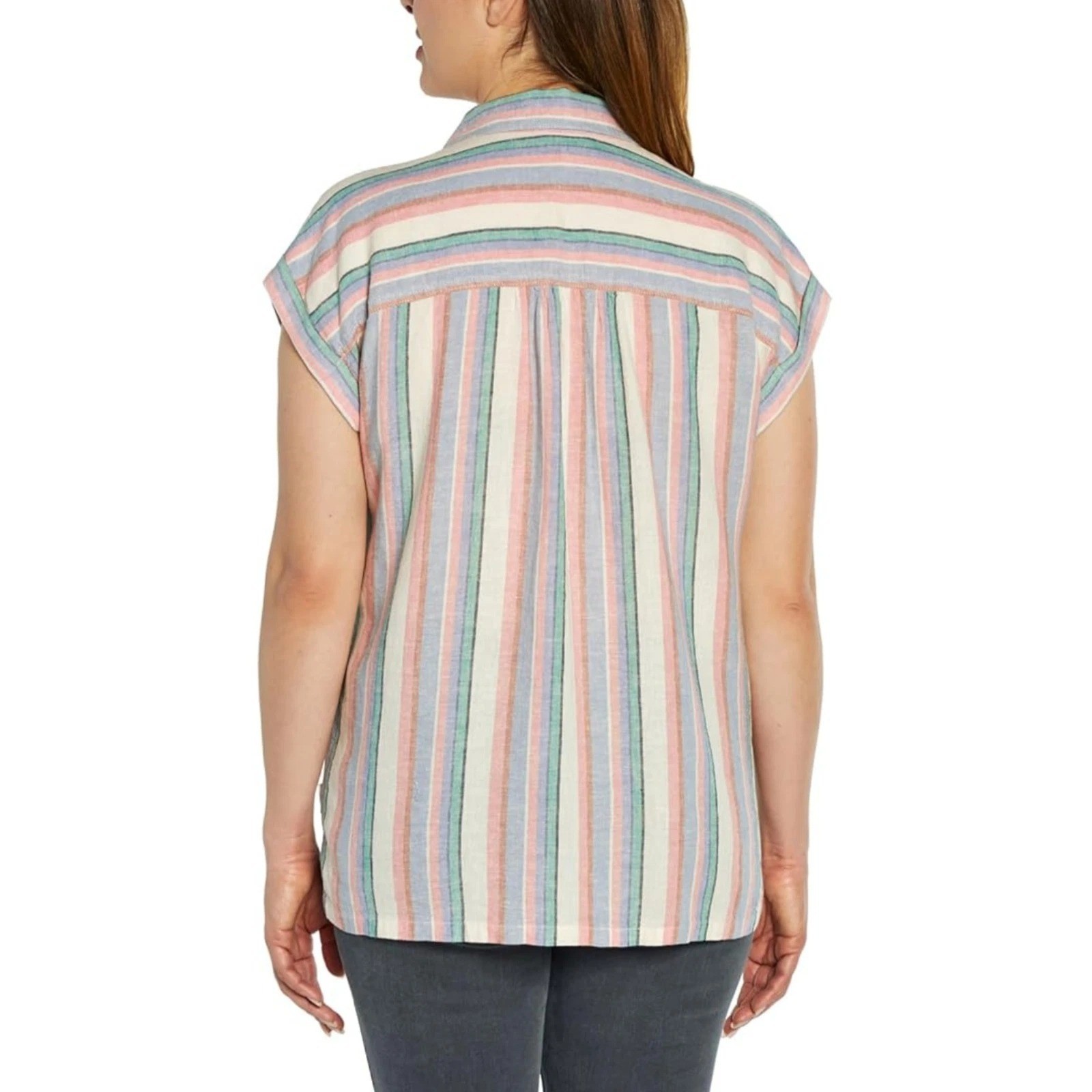 NWOT Orvis Women’s XL Button-Up Shirt Striped Linen Blend Short Sleeve i1992
