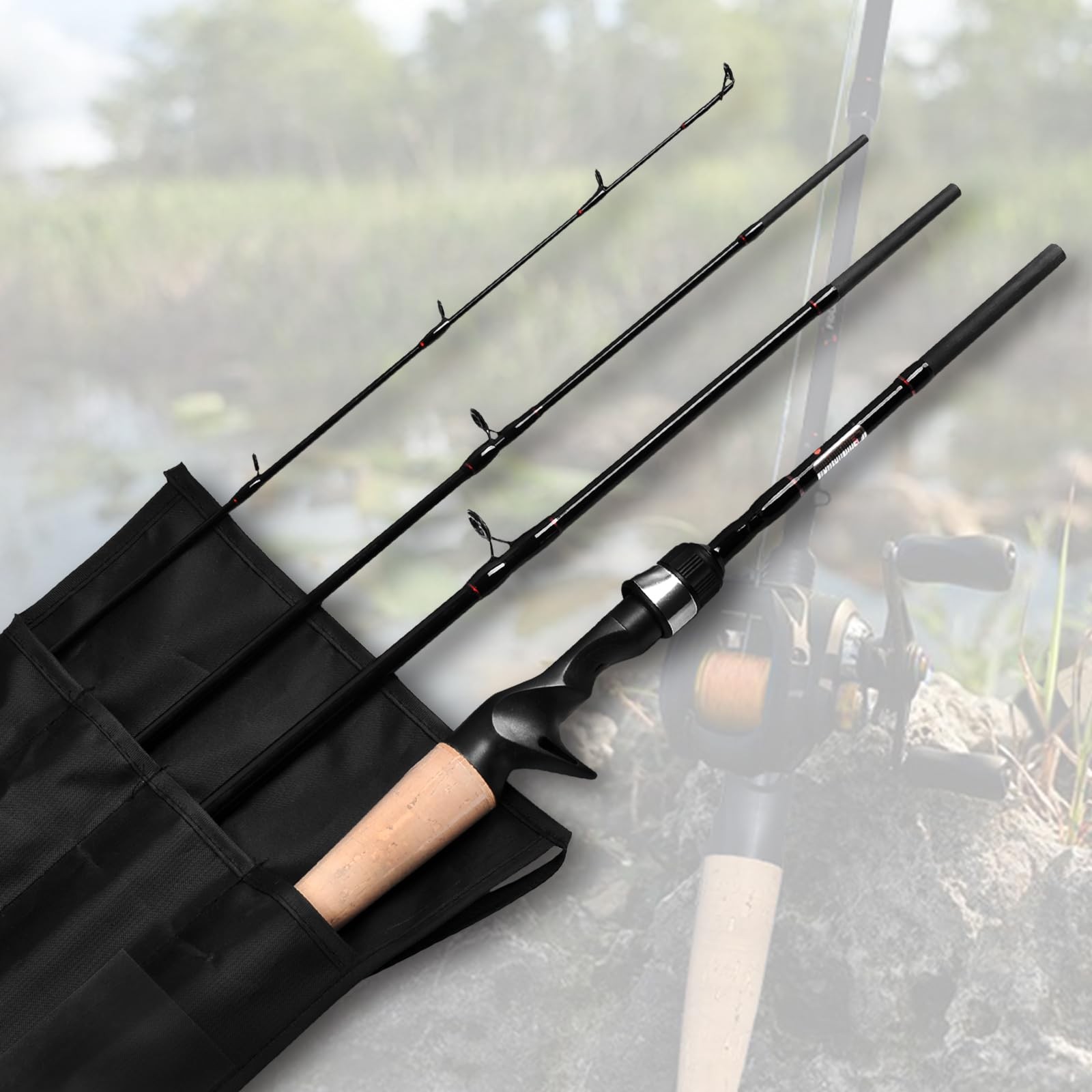 4-Piece Travel Casting Rod Carbon Baitcasting Portable Fishing Pole Baitcaster