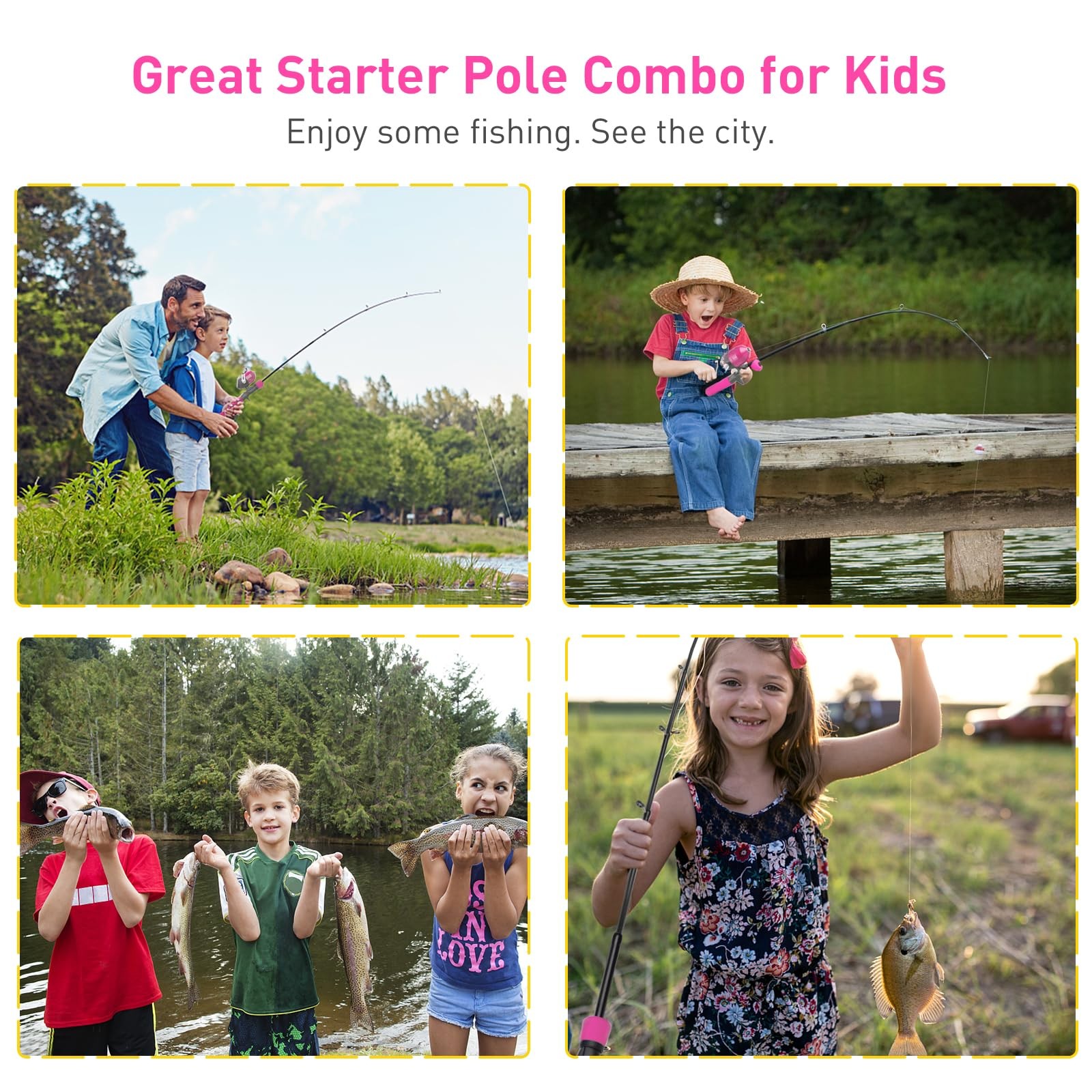 Kids Fishing Pole Kit, 59” Telescopic Rod and Reel Beginner Combo with Pink