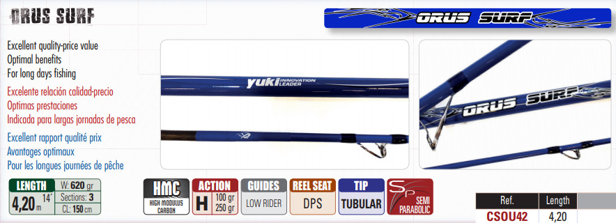 YUKI ORUS SURF Surfcasting Fishing Rod Carbon 3 pieces 4.20m 100-250gr