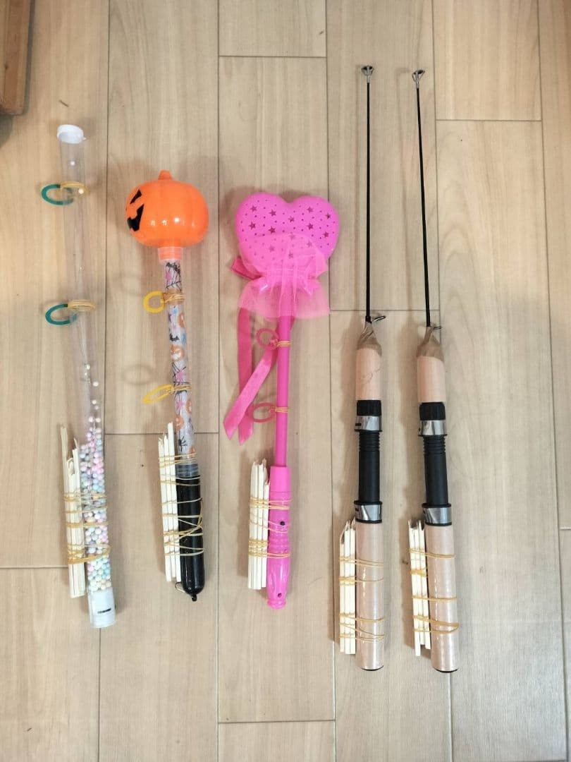 Custom Saki Rod Set of 4 with Floats, Pink/Orange/Black/Beige Used