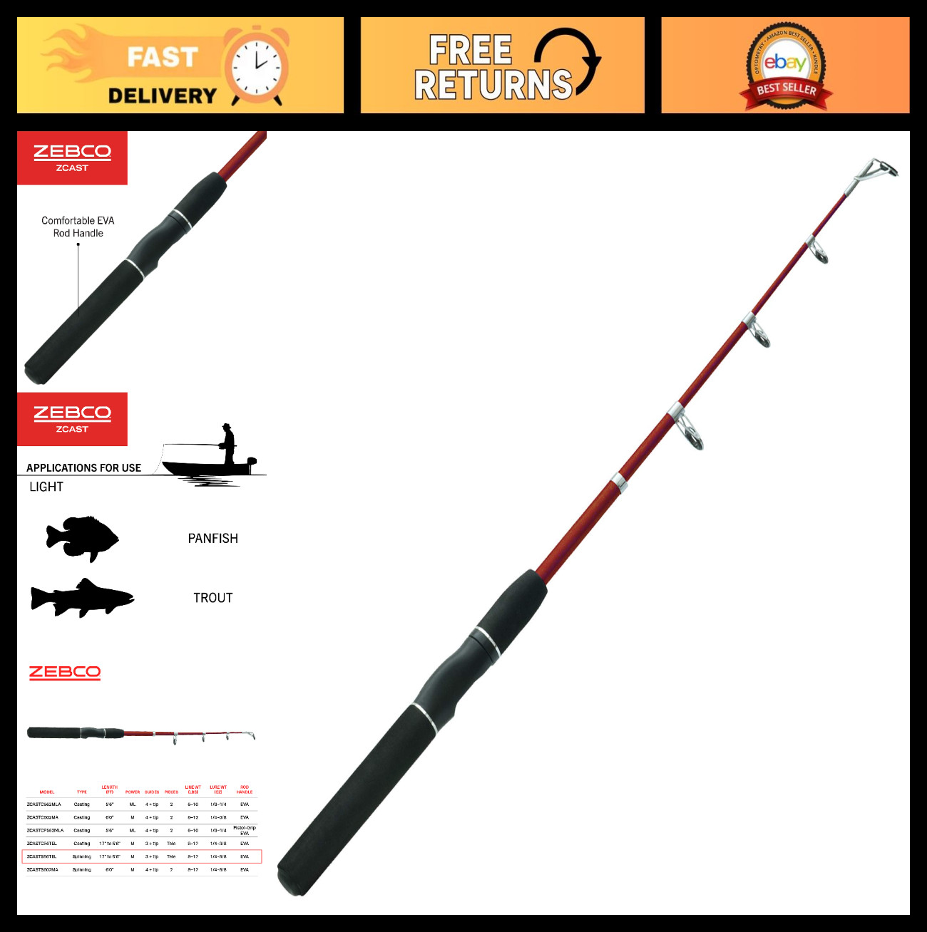 Durable Spinning Fishing Rod – Z-Glass Pole, Comfortable EVA Handle, Shock-Ring