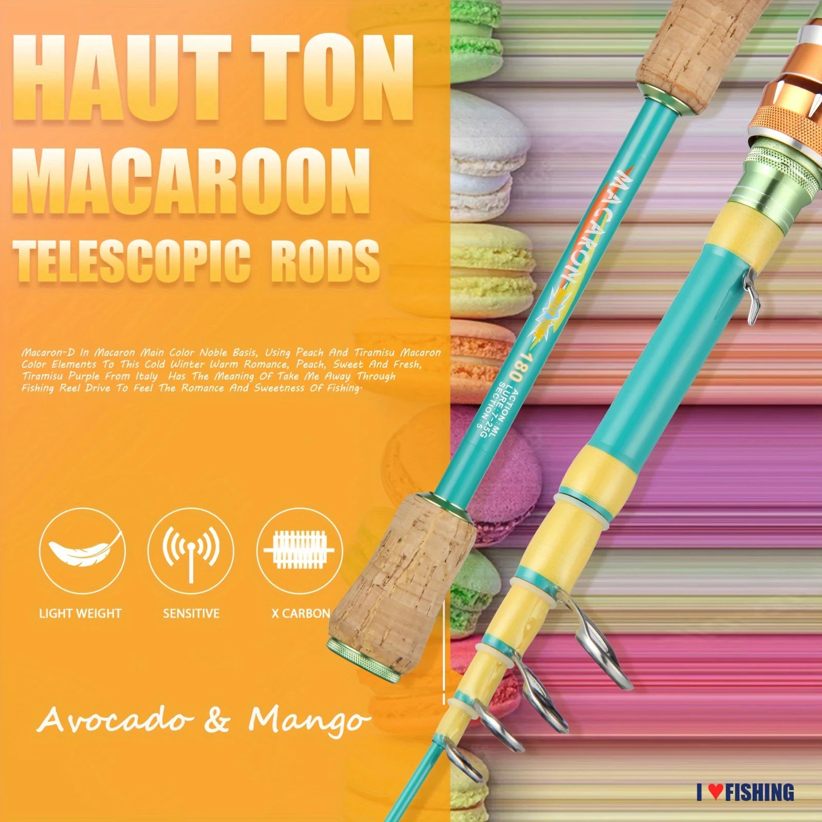 Macaroon Telescopic Fishing Rod, Carbon Fiber Spinning & Casting Rod, Lightweigh