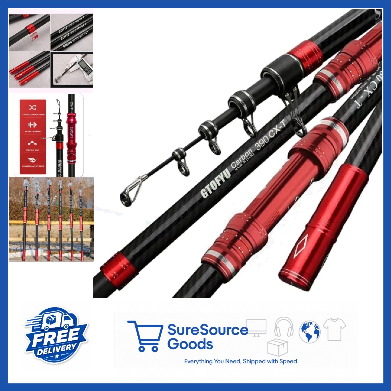 Carbon Fiber Fishing Rod 13ft Medium-Heavy Spinning Lure 2-9Oz for Bass Catfish