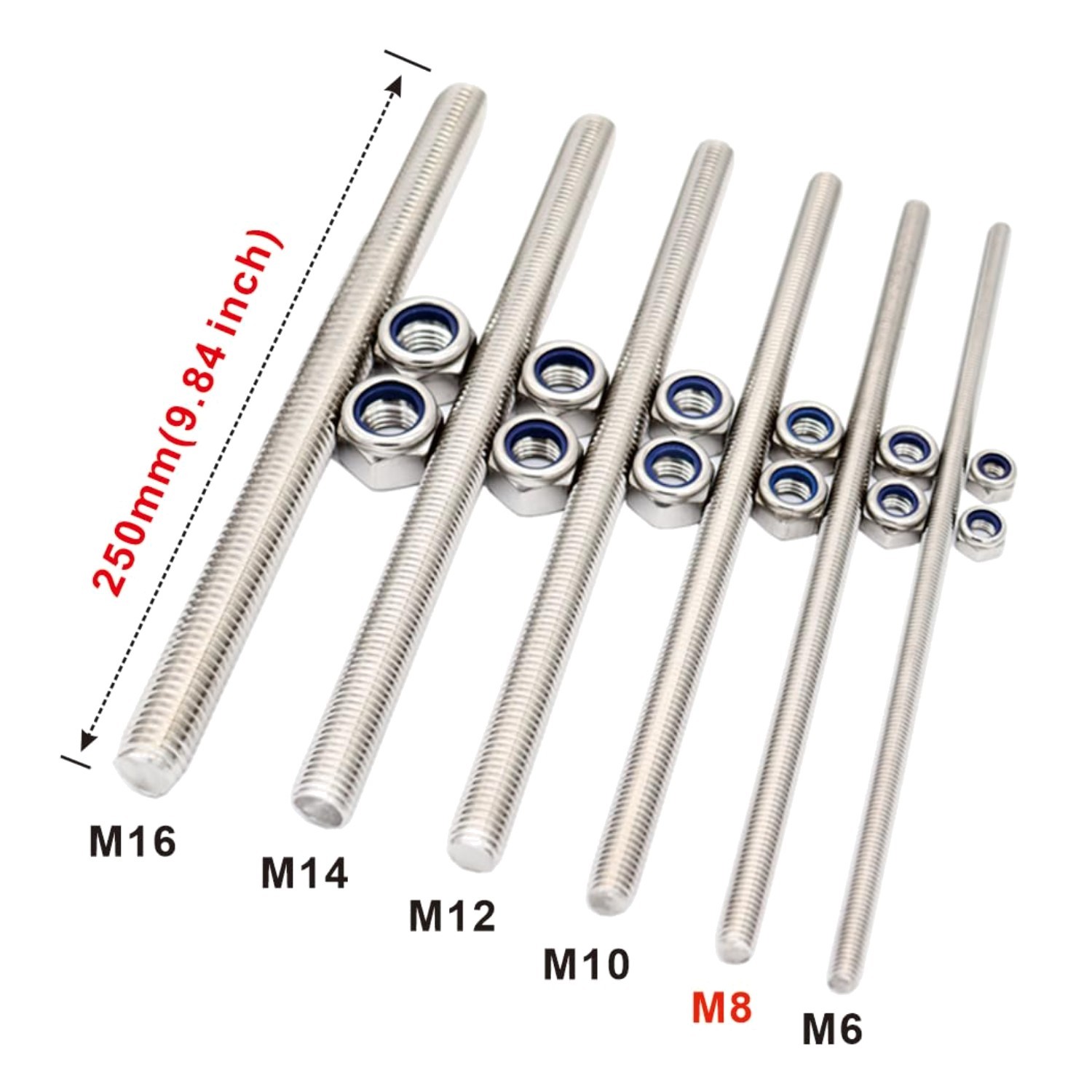Long Metric Threaded Studs M8x250mm 304 Stainless Steel