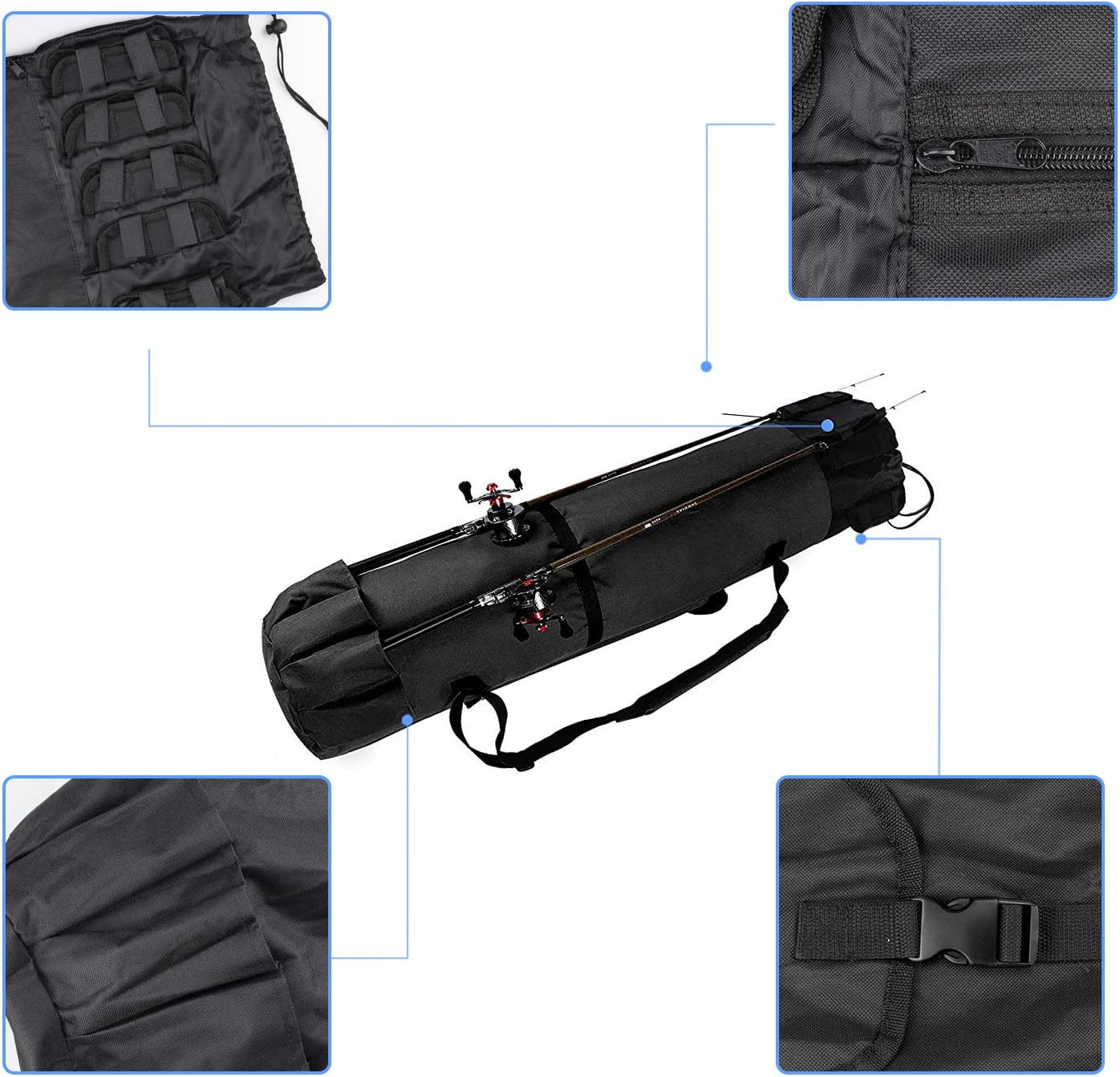 Durable Canvas Fishing Rod & Reel Organizer Bag Travel Carry Case Bag- Holds 5 P