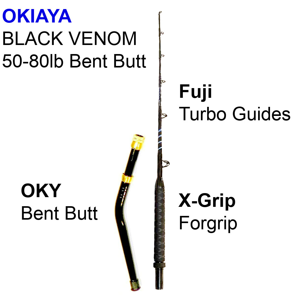 OKIAYA BLACK VENOM-PRO BENT BUTT FISHING ROD 50-80 LB. “THE MAMBA” FUJI GUIDES