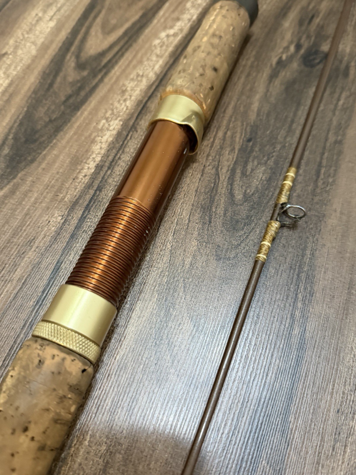 Vintage Abu Garcia 7’6” One Piece Fishing Rod Cork Handle Brown Fiberglass