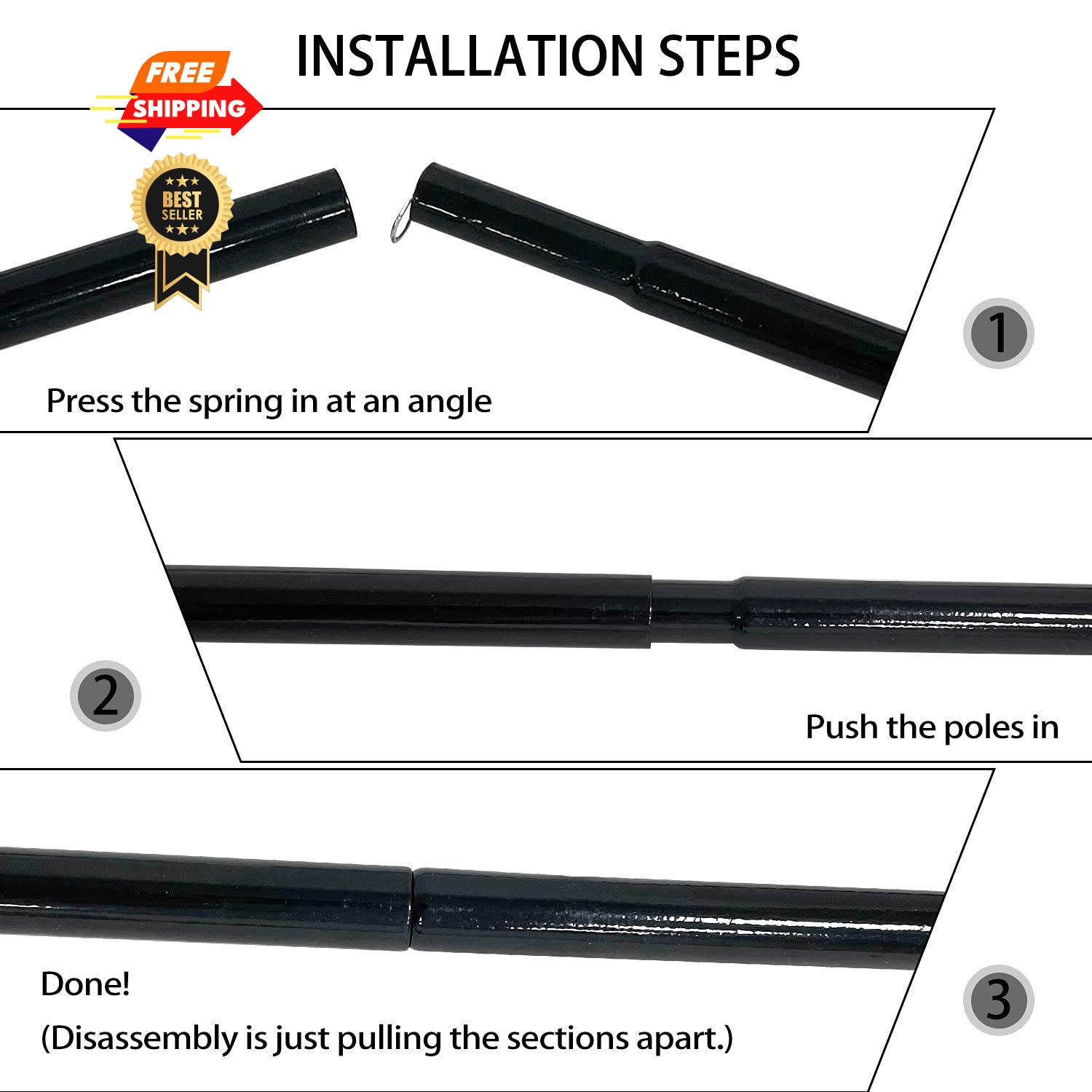 Sutekus Steel Rod Tent Pole Replacement Accessorie 2pc/Set Adjustable Black