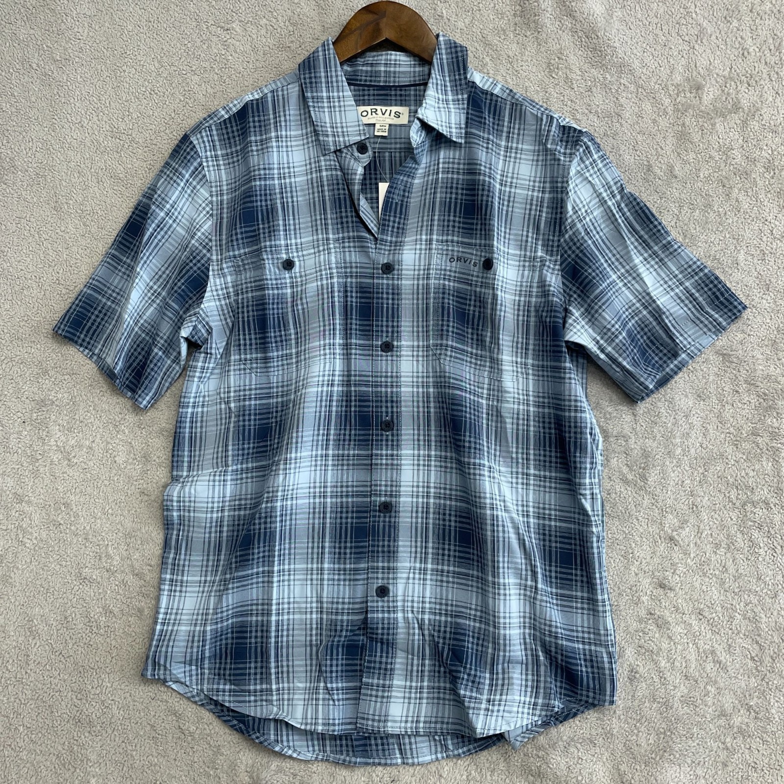 NEW Orvis Men’s S Tech Shirt Blue Plaid UPF 30+ Quick-Dry Button Up Outdoor