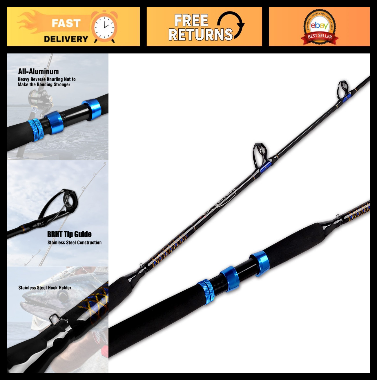 6ft Saltwater Offshore Graphite Fishing Rod – 30-120 lb Conventional Spinning
