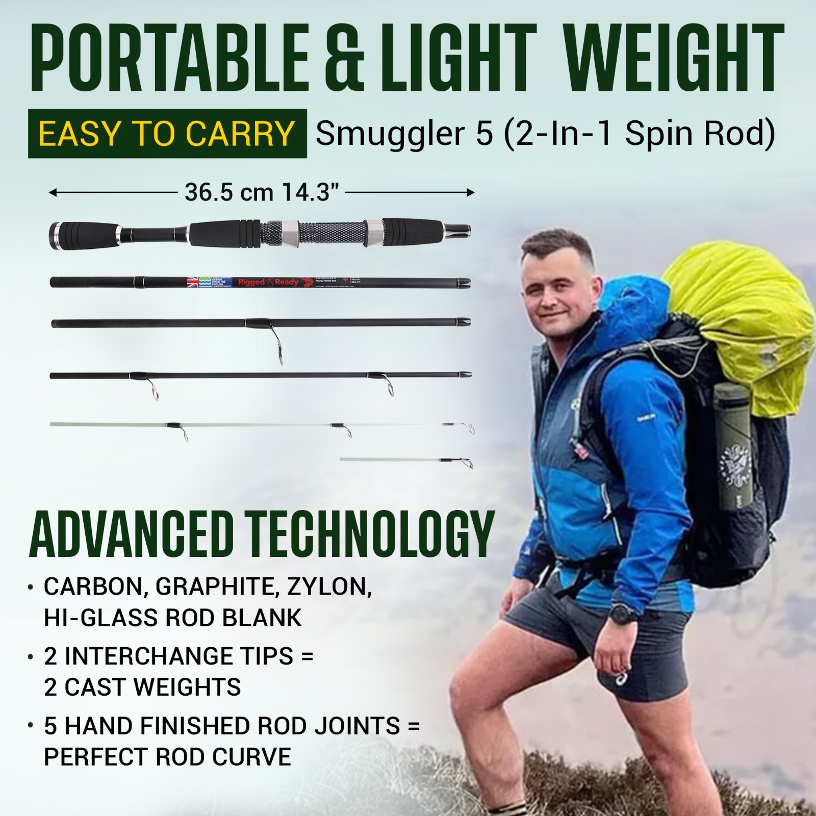 Smuggler 5 Compact Portable Travel Fishing Rod & Case 5.25’ spin,general fishing