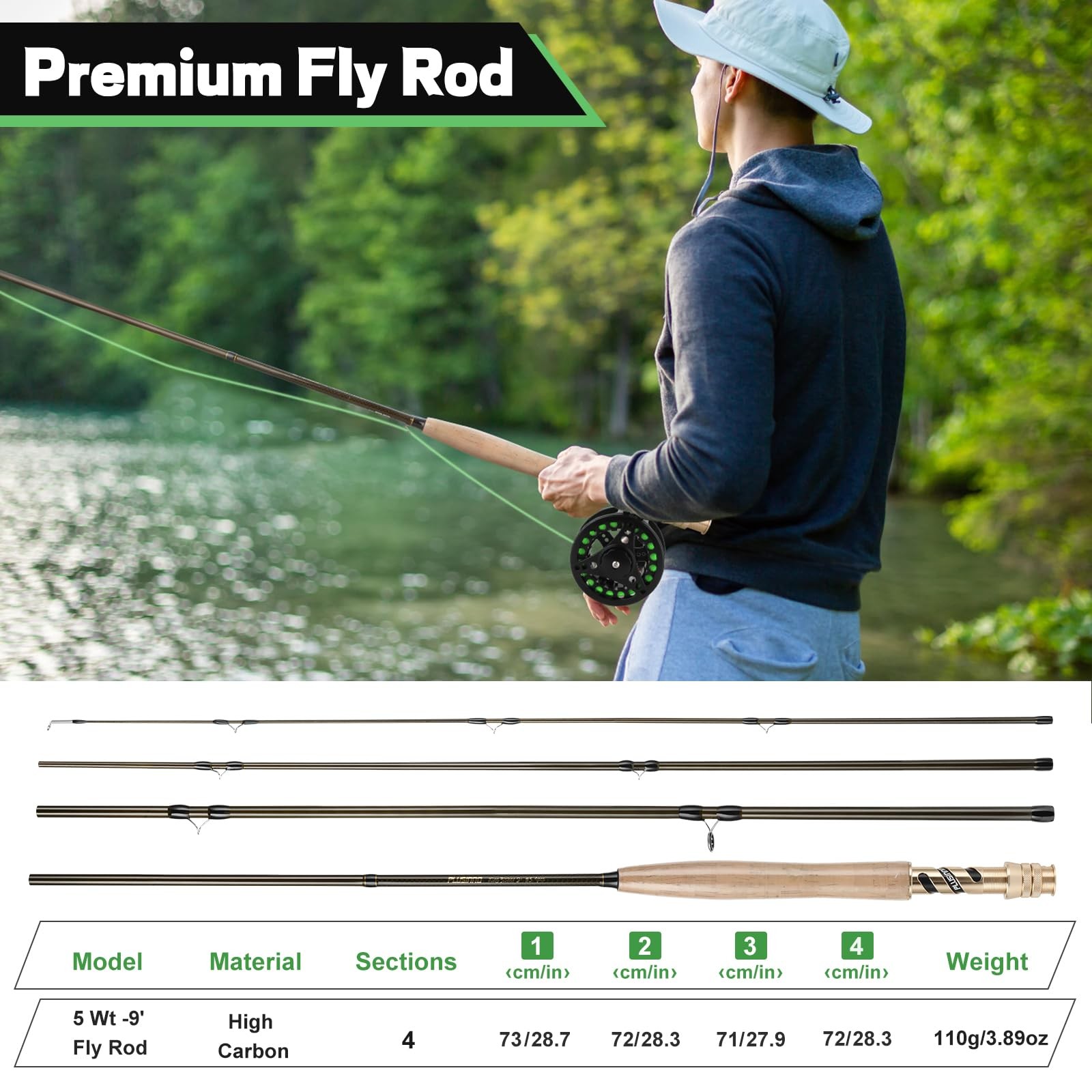 Fly Fishing Rod & Reel Combo, 4-Piece Portable Graphite 5/6 9’ Starter Kit