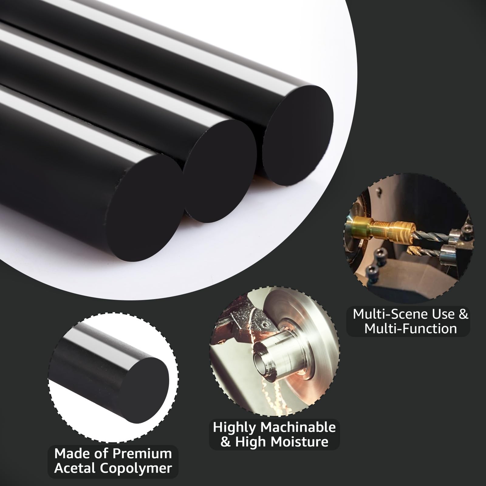10 PCS Black Plastic Rods 1/2 Inch Round Acetal Copolymer 12 Inch Length