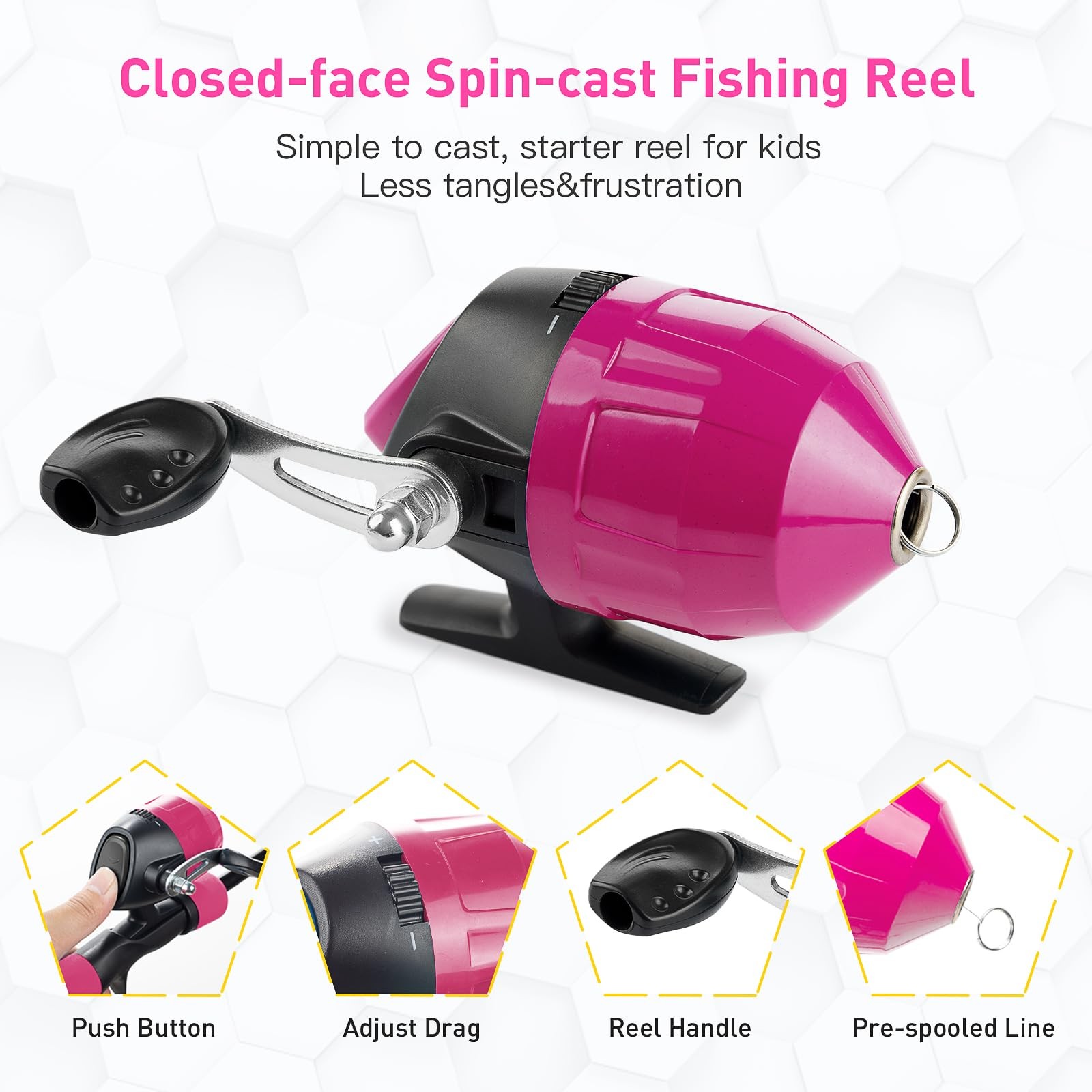 Kids Fishing Pole Kit, 59” Telescopic Rod and Reel Beginner Combo with Pink