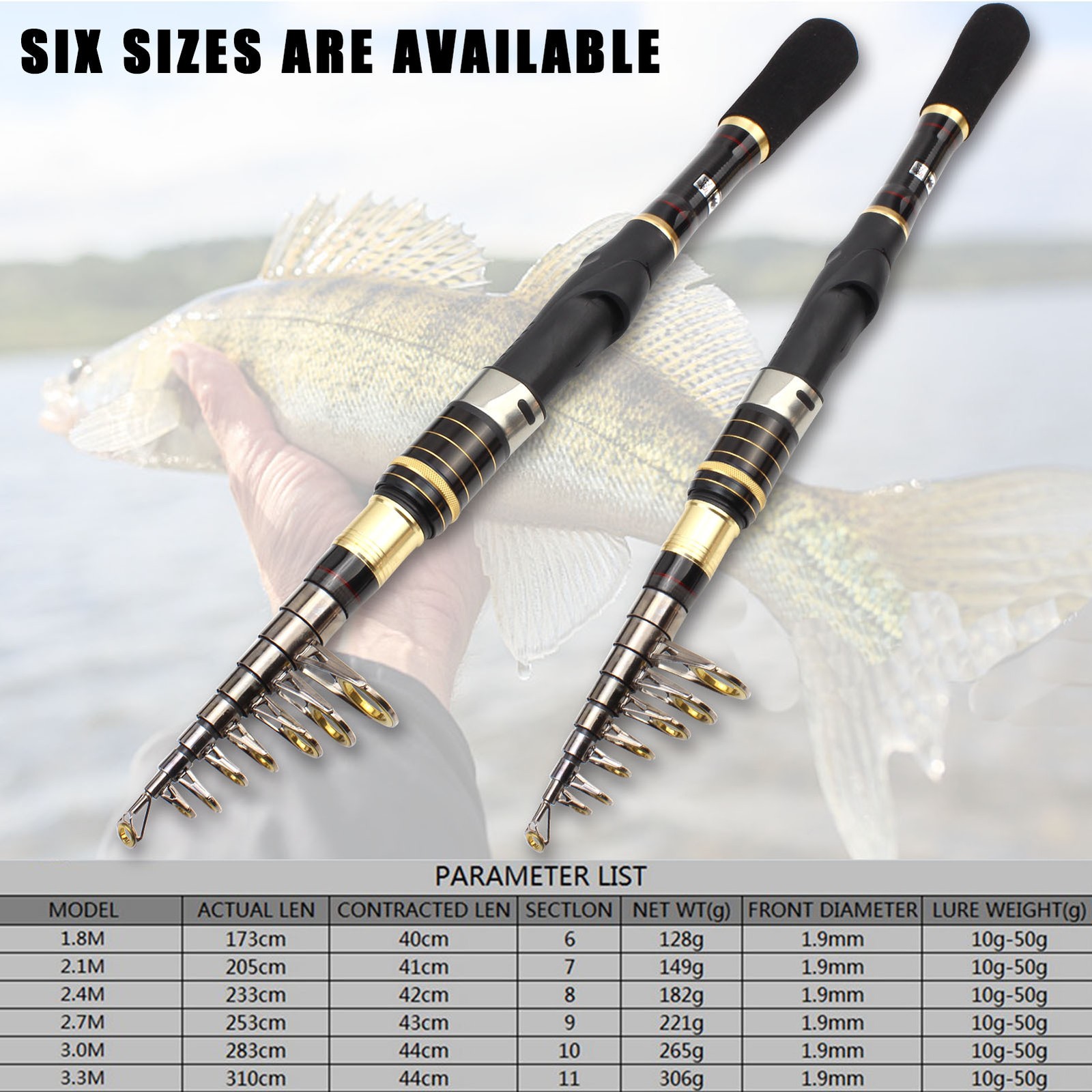 1.8M-3.0M Telescopic Fishing Rod Carbon Fiber Sea Fishing Pole Super Hard