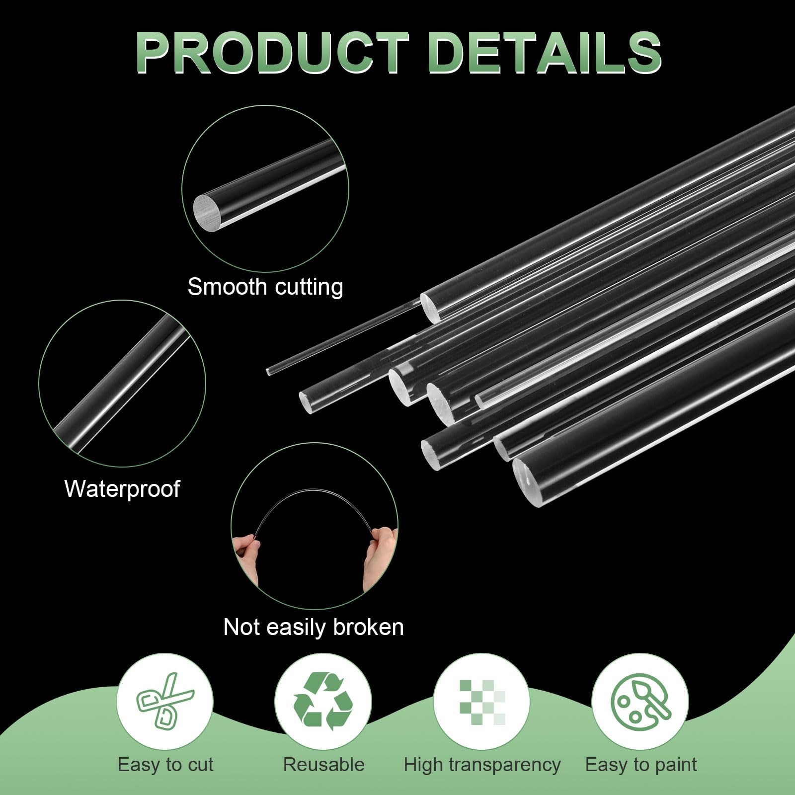 2Pack Acrylic Round Rods Clear Dowel Sticks Plastic Strip DIY 300x12mm