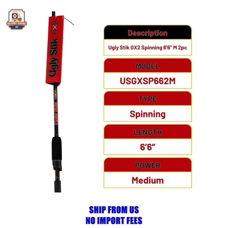 Ugly Stik GX2 Spinning Rod, 6’6″ Medium Fishing Rod, 2 Piece