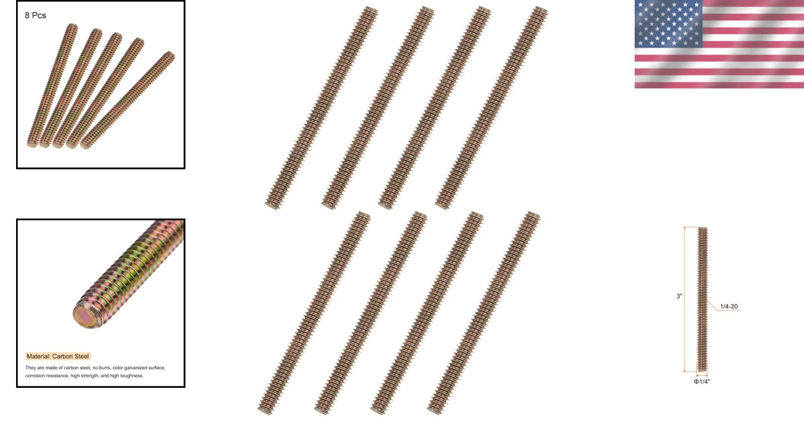 DIY Essential 8 pcs 1/4″-20 Fully Threaded Rods, 3 Inch Carbon Steel Fasteners