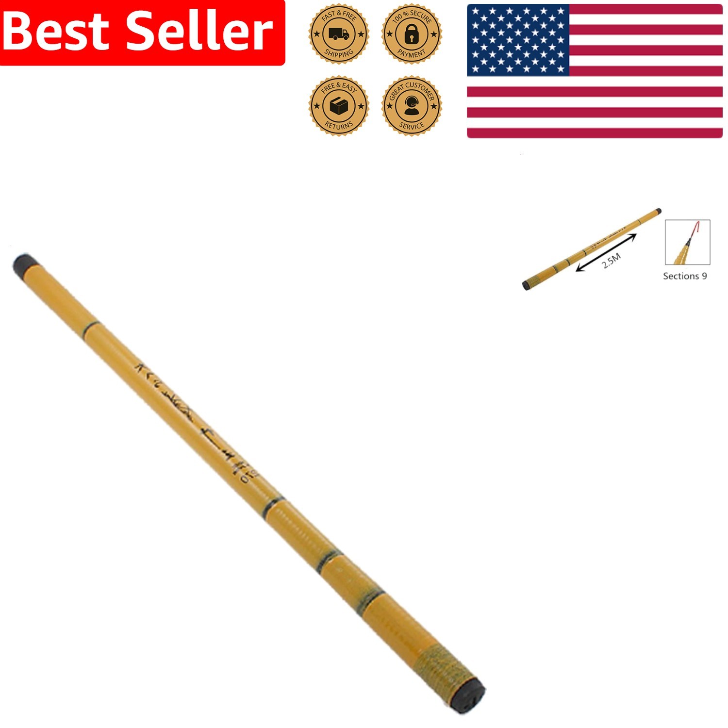 Durable 2.5M Yellow Fishing Rod, Graphite Construction, Telescopic Angling Pole