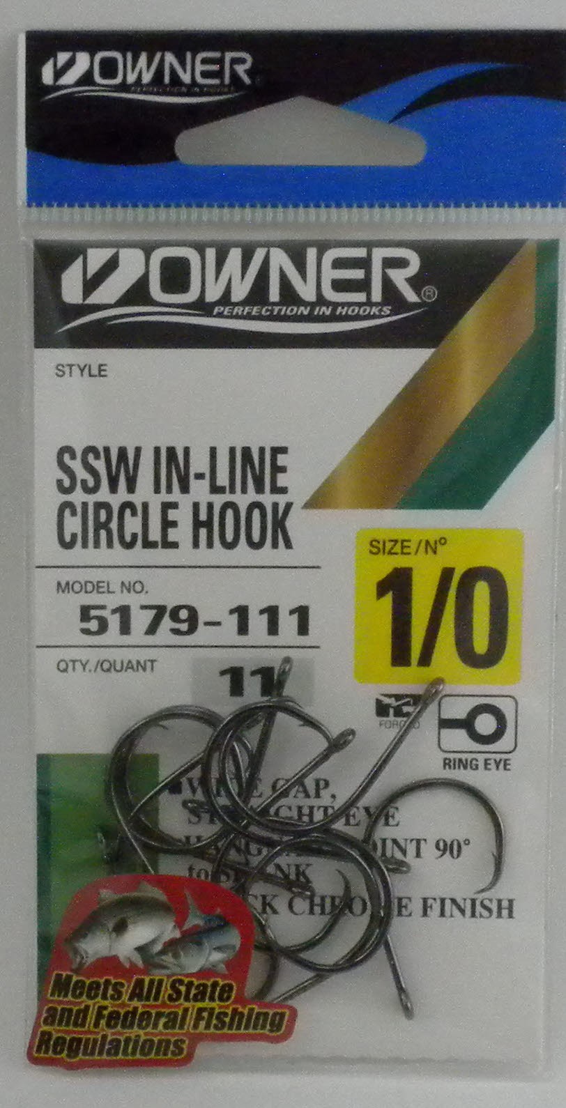 Owner 5179-111 SSW Inline Hook Hangnail Point Straight Eye Blk Chr Size 1/0 11Ct