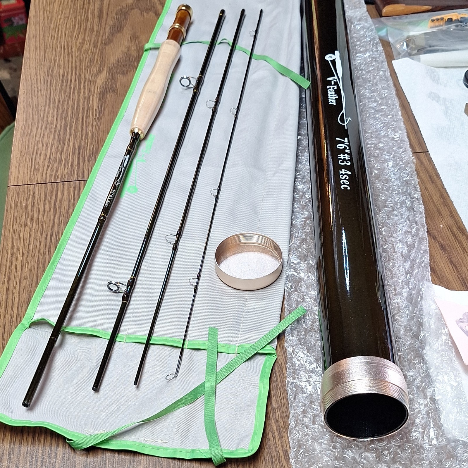 V-Feather Premium 7 ft 6 in 3 wt 4 Piece Fly Rod Full Cork Portable Tube Sock