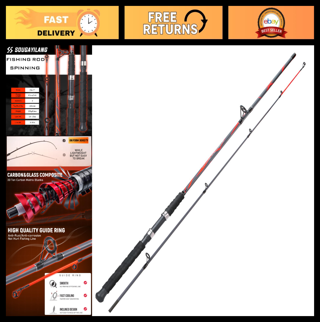 7’0″ Spinning Fishing Rod – Strong Carbon & Glass Composite, Stainless Steel Gui