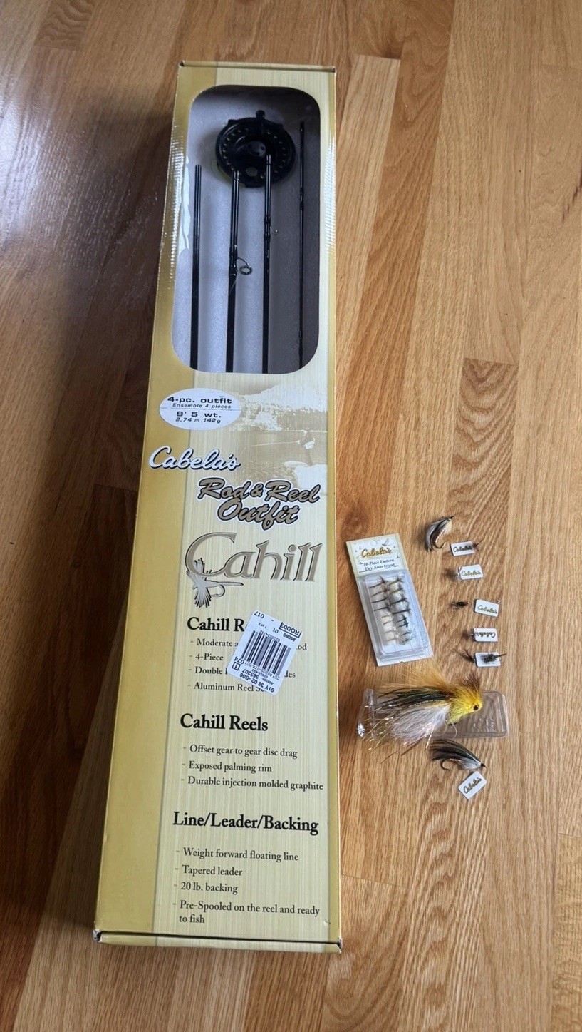NEW Cabela’s Fly Fishing Rod & Reel 4-pc. Outfit Cahill Graphite Rod W/ Box Flys