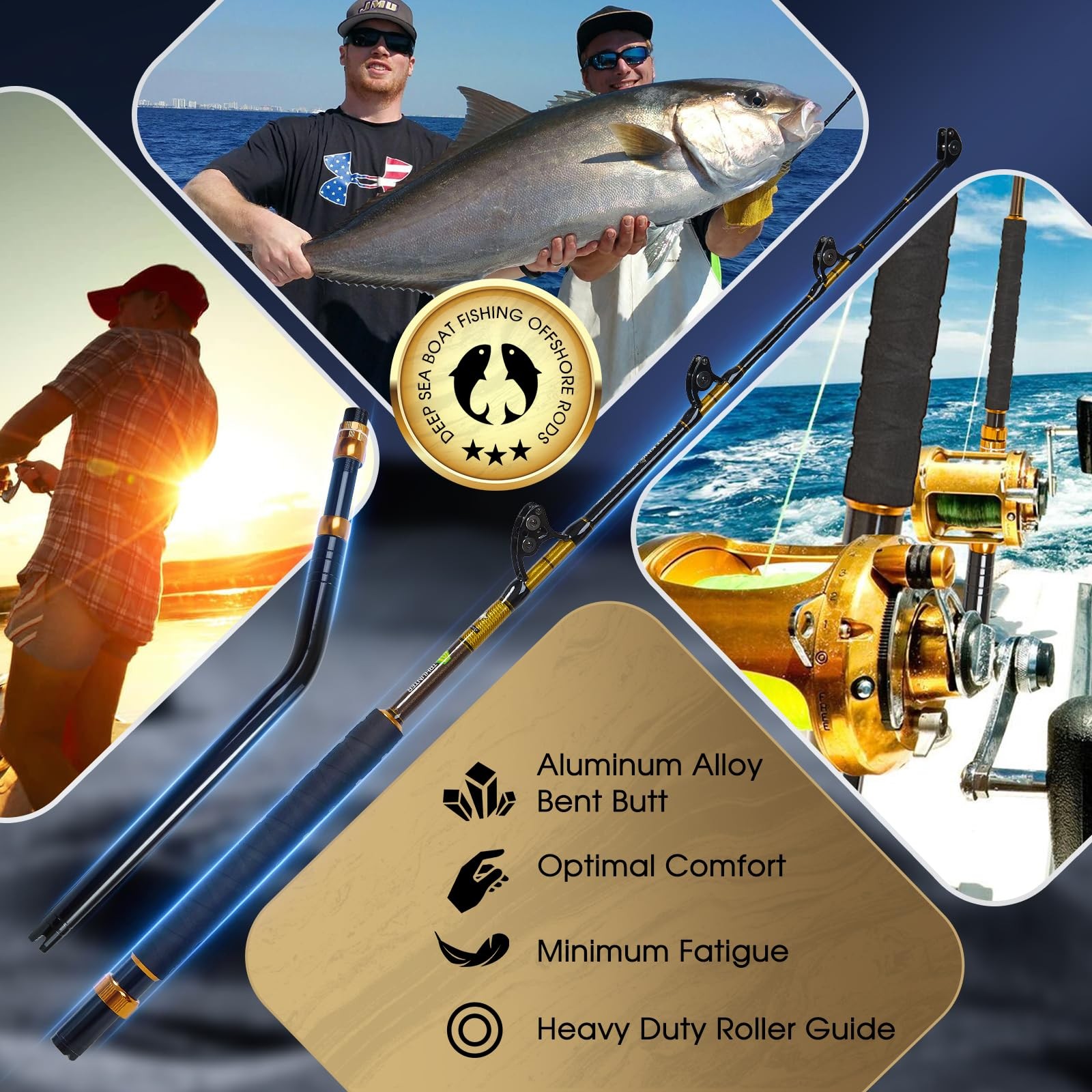TRHUNTER Offshore Trolling Rod Saltwater Big Game 6’6” Bent, black and gold