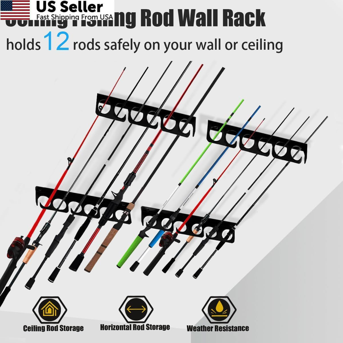 Fishing Rod Rack Pole Wall or Ceiling Storage Holder Hook Keeper Large, Black