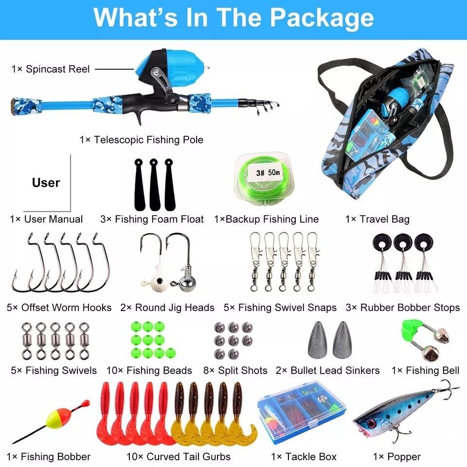 Kids Fishing Pole Set Fishing Starter Kit Telescopic Fishing Rod and Reel Combo