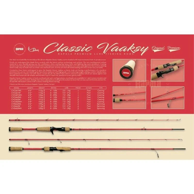 Rapala Vaaksy 6’8″ 2 Piece 7-28g CVS682MH Spin Spinning Fishing Rod