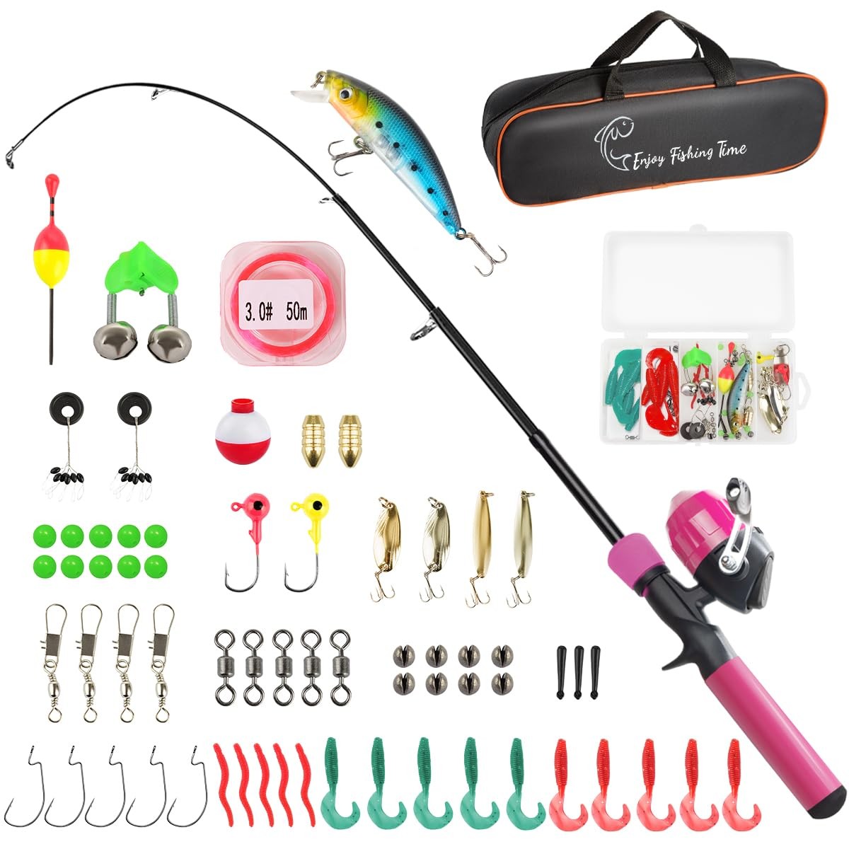 Kids Fishing Pole Kit, 59” Telescopic Rod and Reel Beginner Combo with Pink
