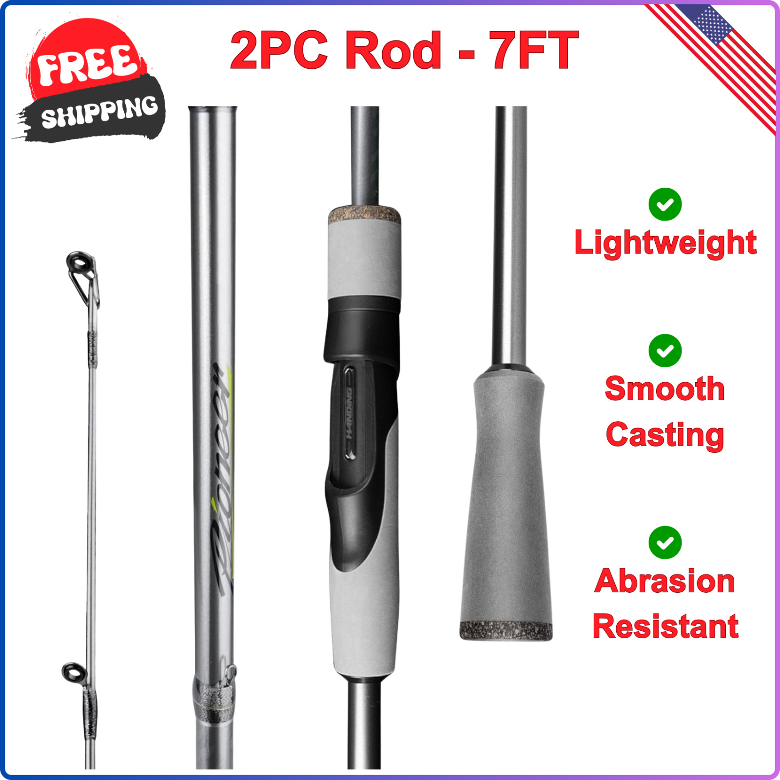 Pioneer 7ft Fishing Rod 2-Piece Spinning Rod For Largemouth Smallmouth Walleye