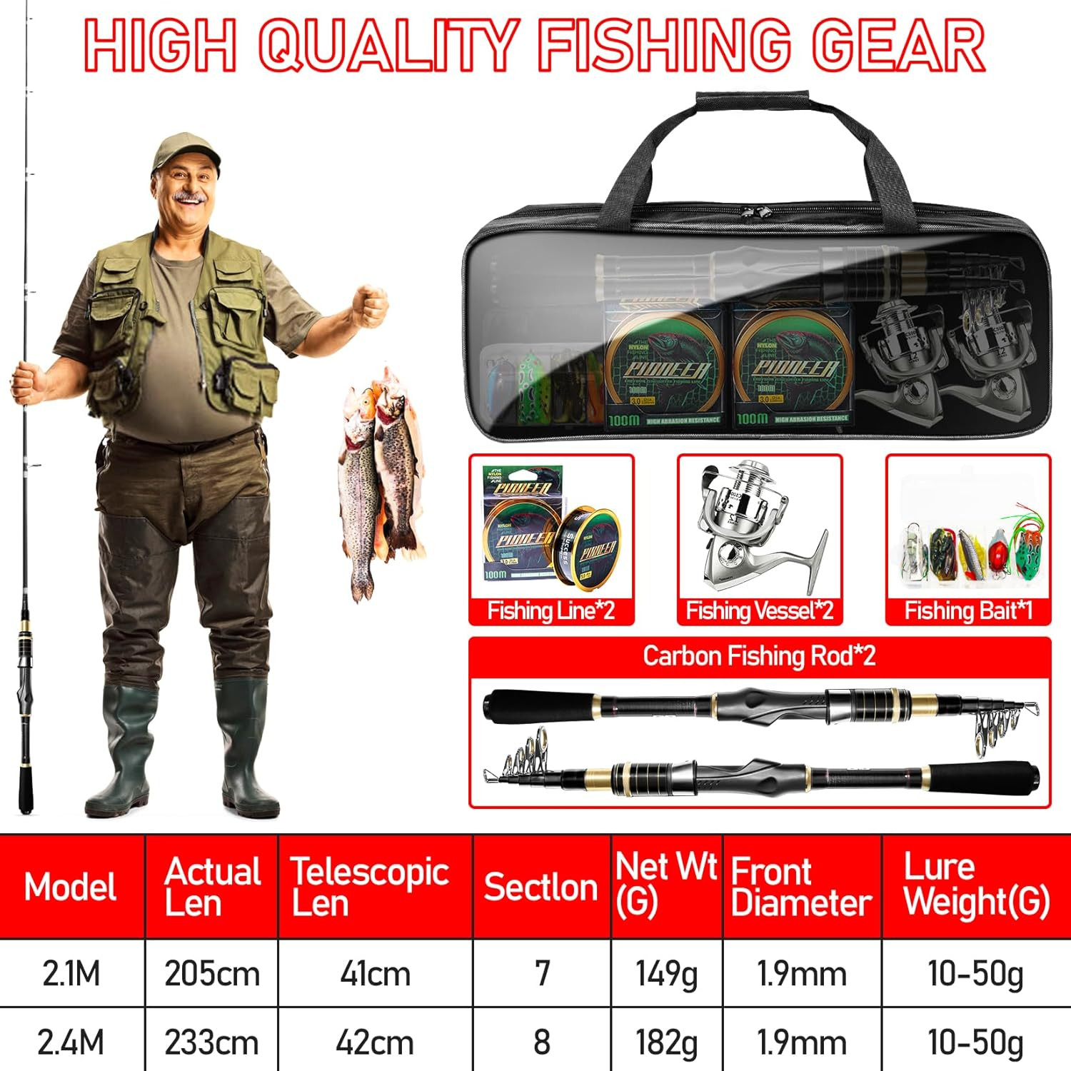 Telescopic Fishing Rod Combo – 2PCS 6.9 7.89FT Collapsible Carbon Fiber Pole Set
