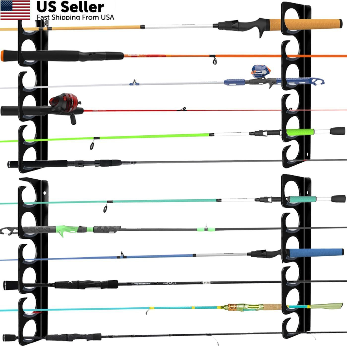 Fishing Rod Rack Pole Wall or Ceiling Storage Holder Hook Keeper Large, Black