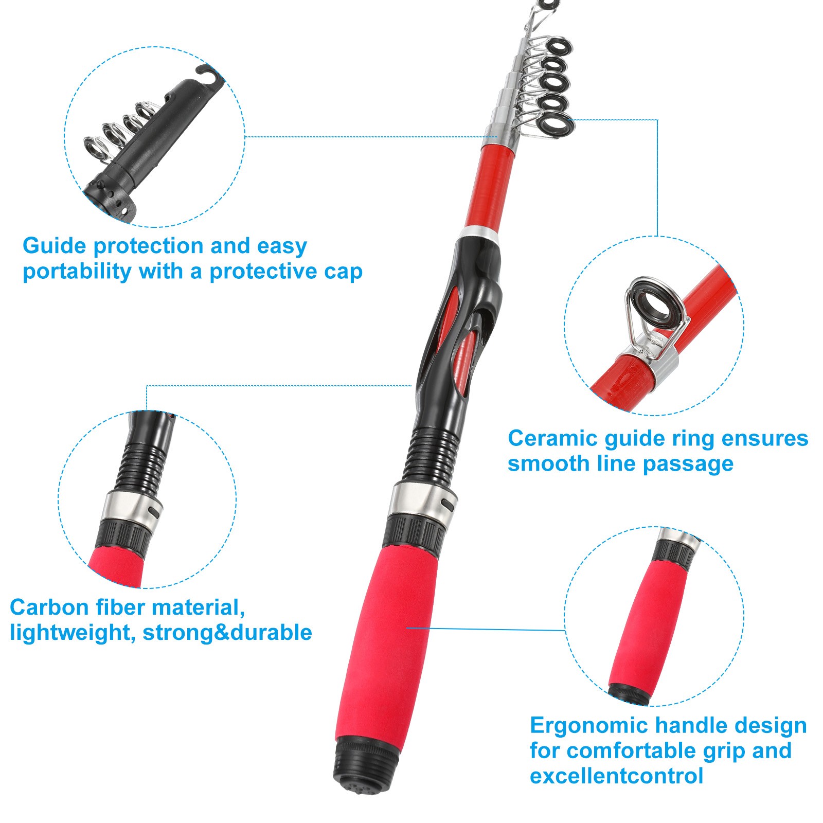Telescopic Fishing Rod 1.5 M, Fiberglass Fishing Pole, Black & Red