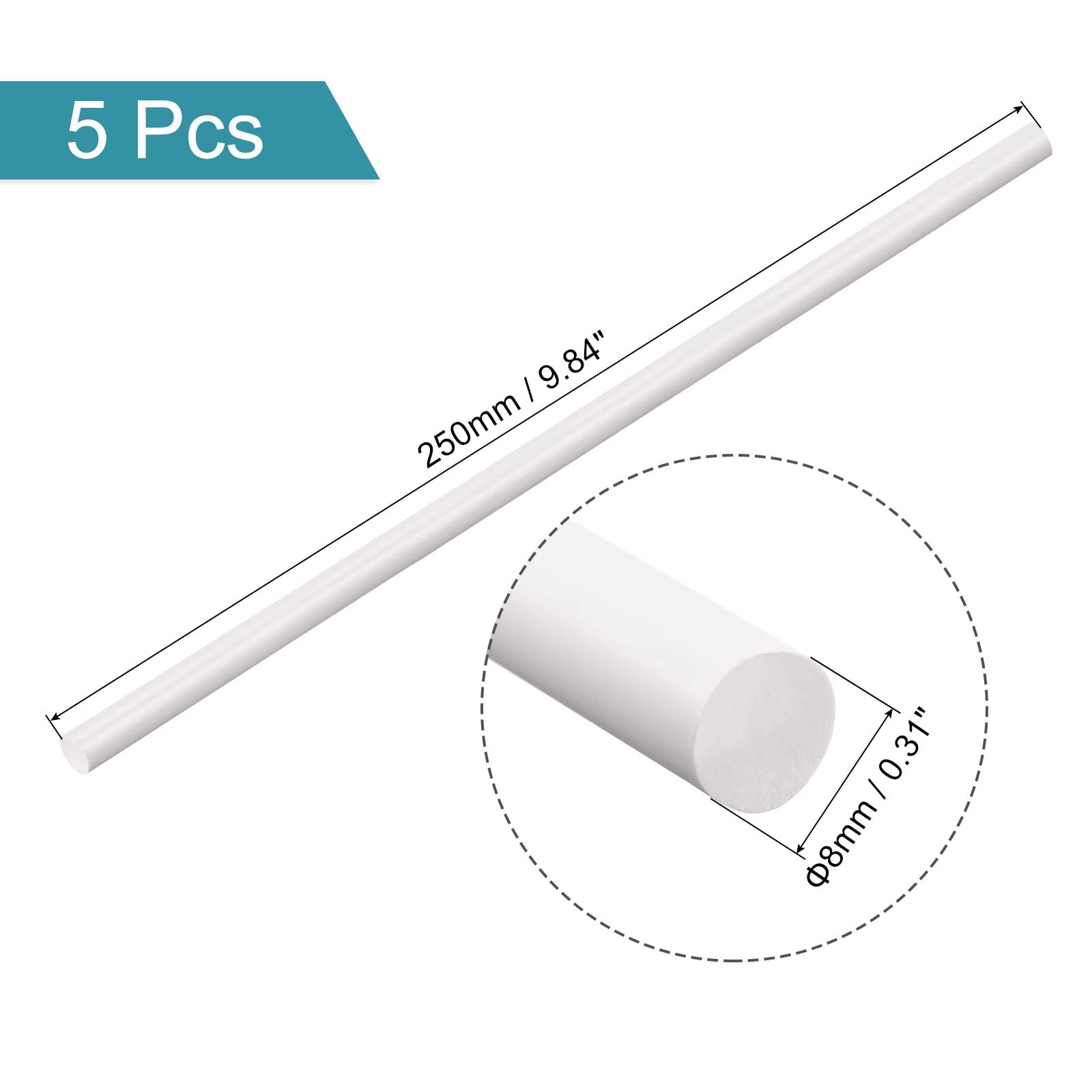 5 PCS White ABS Plastic Round Rod 8mm x 250mm Solid Bar for DIY Model Making